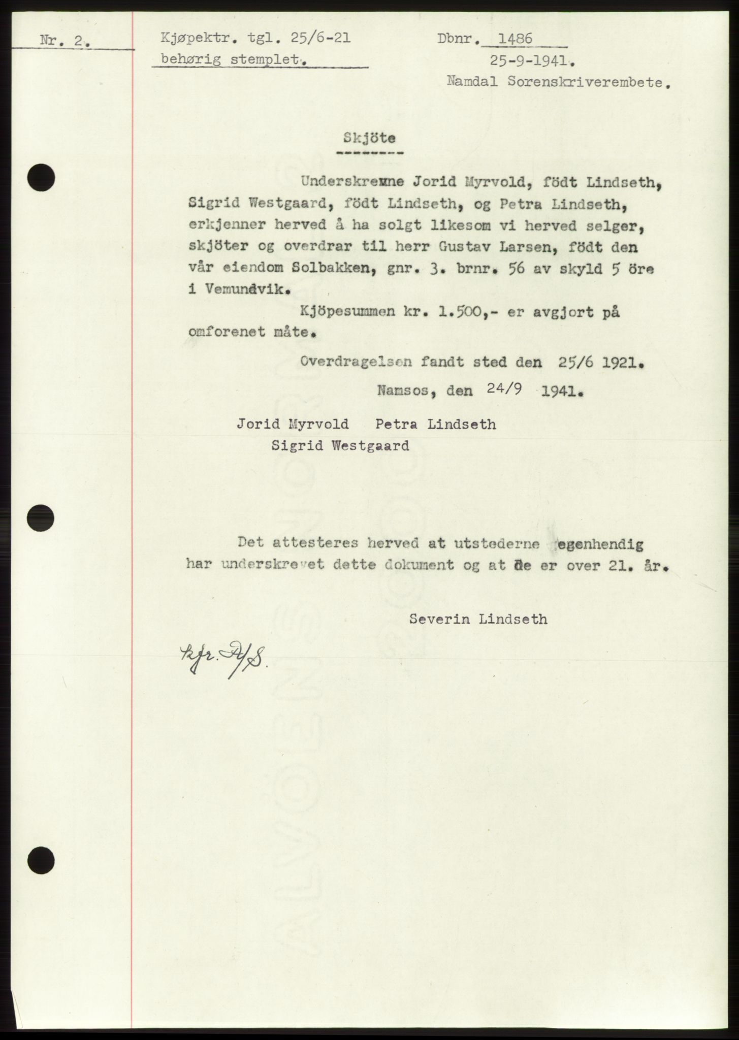 Namdal sorenskriveri, SAT/A-4133/1/2/2C: Pantebok nr. -, 1941-1942, Dagboknr: 1486/1941