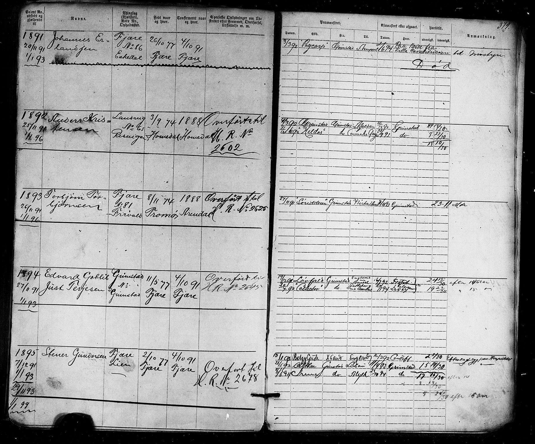 Grimstad mønstringskrets, AV/SAK-2031-0013/F/Fa/L0005: Annotasjonsrulle nr 1-1910 med register, V-18, 1870-1892, s. 419