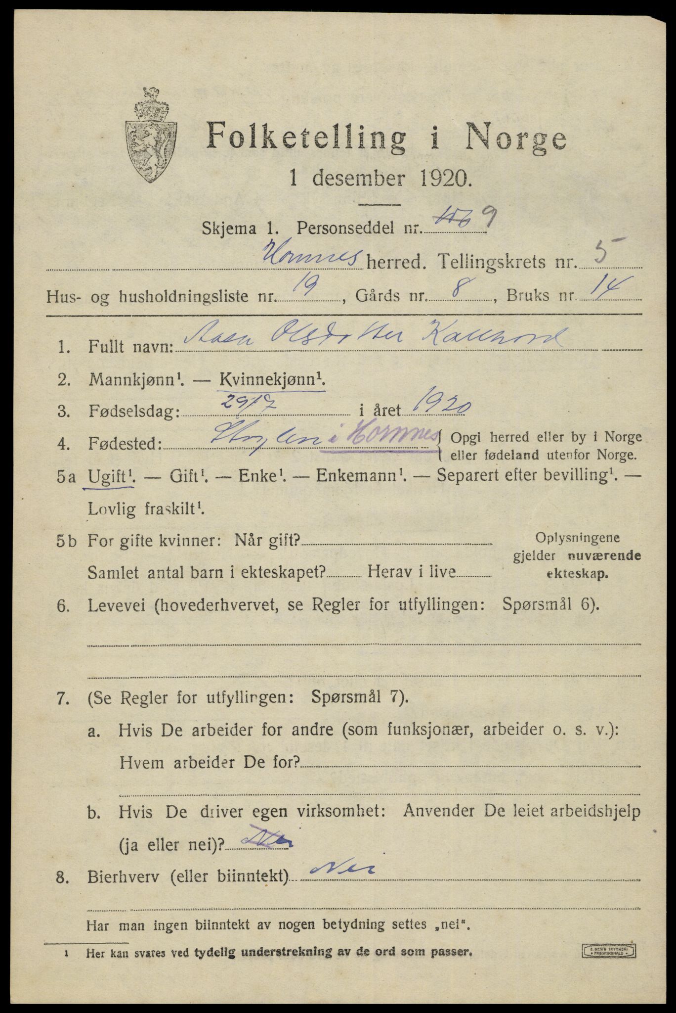 SAK, Folketelling 1920 for 0936 Hornnes herred, 1920, s. 1545