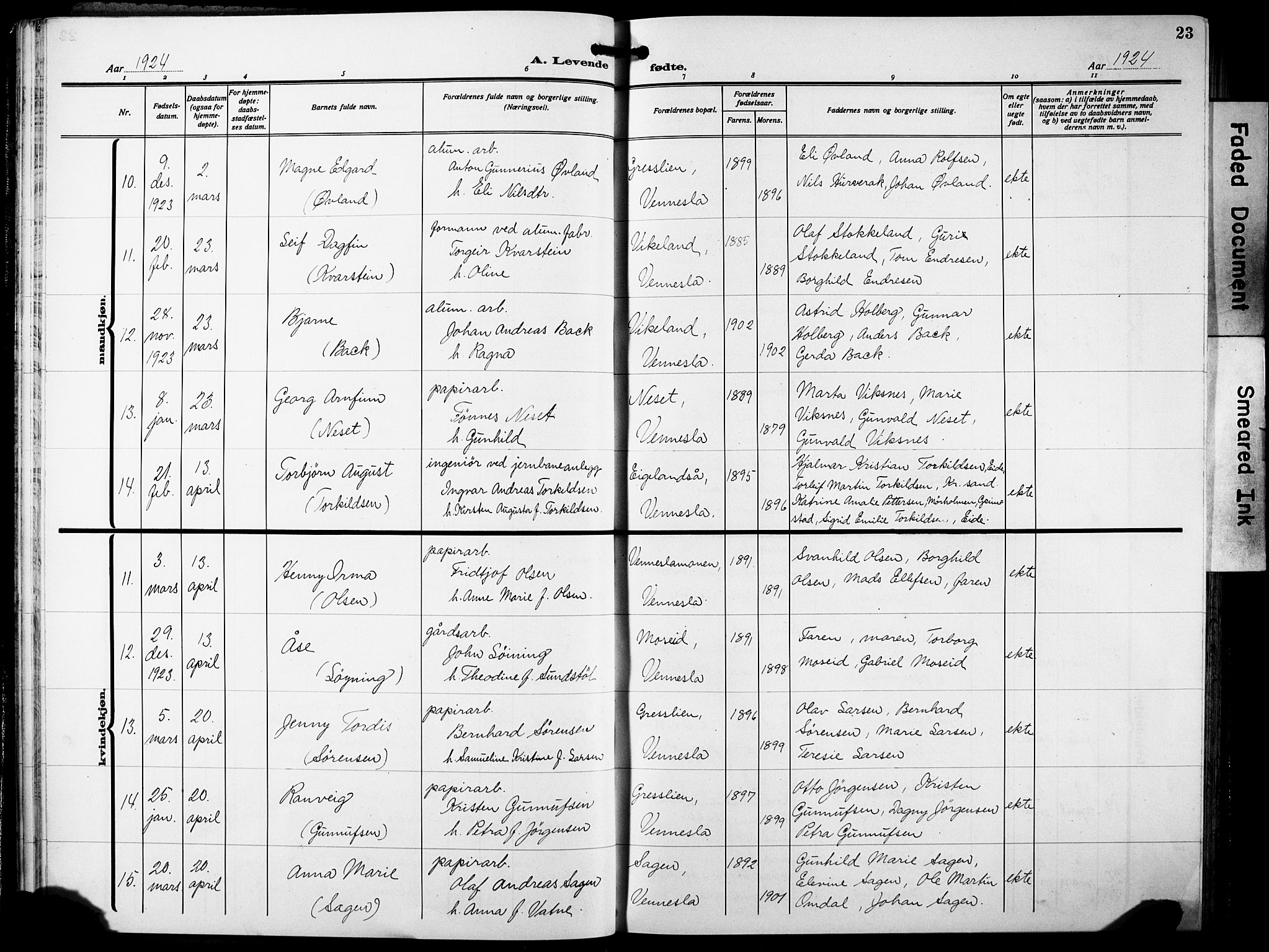 Vennesla sokneprestkontor, AV/SAK-1111-0045/Fb/Fbb/L0007: Klokkerbok nr. B 7, 1922-1933, s. 23