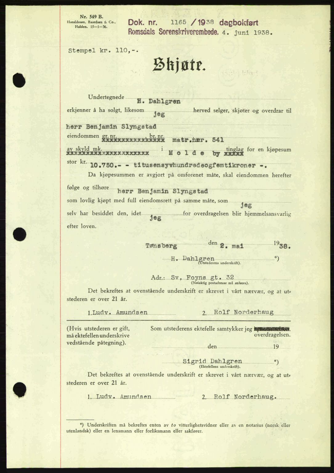 Romsdal sorenskriveri, SAT/A-4149/1/2/2C: Pantebok nr. A5, 1938-1938, Dagboknr: 1165/1938