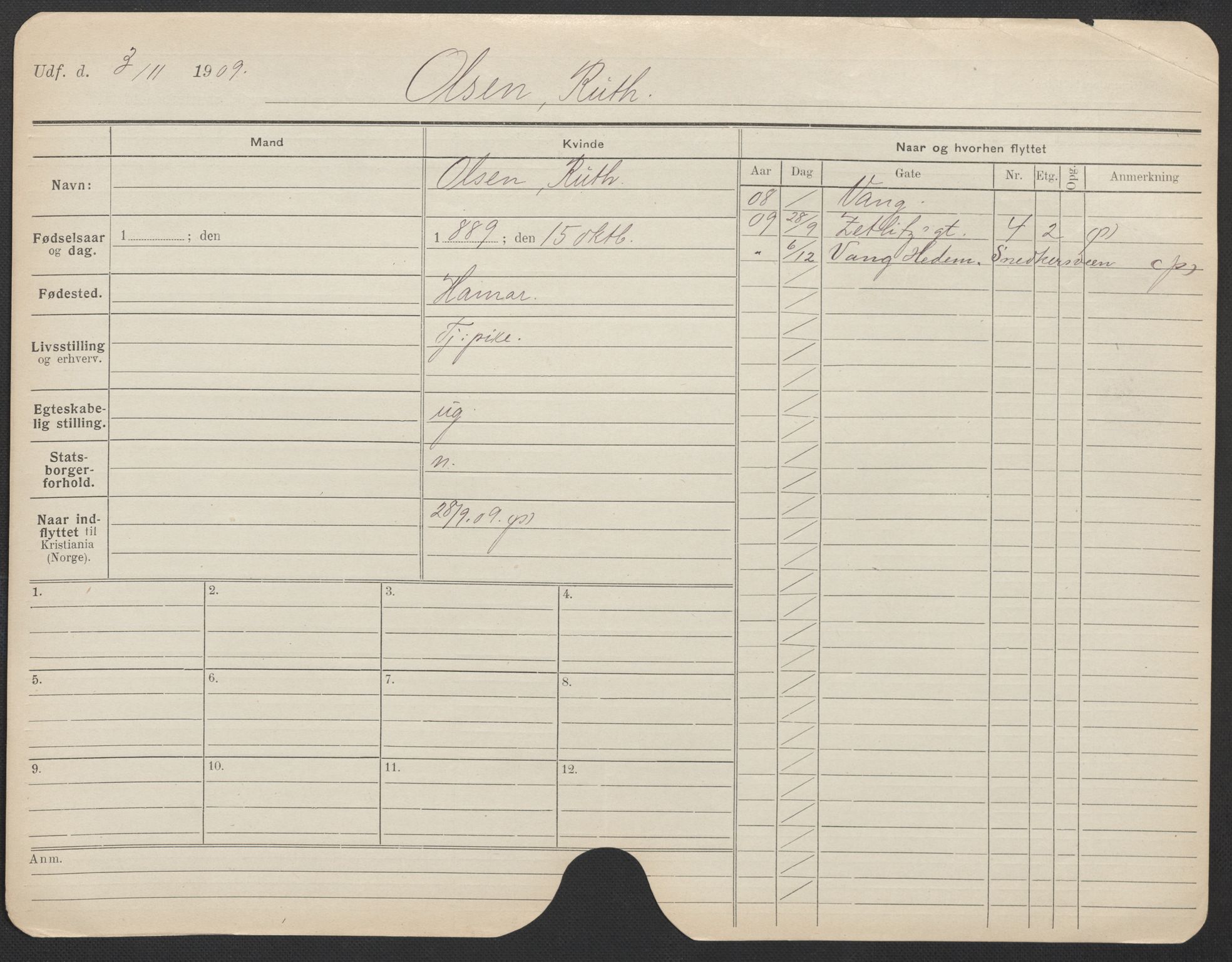 Oslo folkeregister, Registerkort, AV/SAO-A-11715/F/Fa/Fac/L0022: Kvinner, 1906-1914, s. 327a