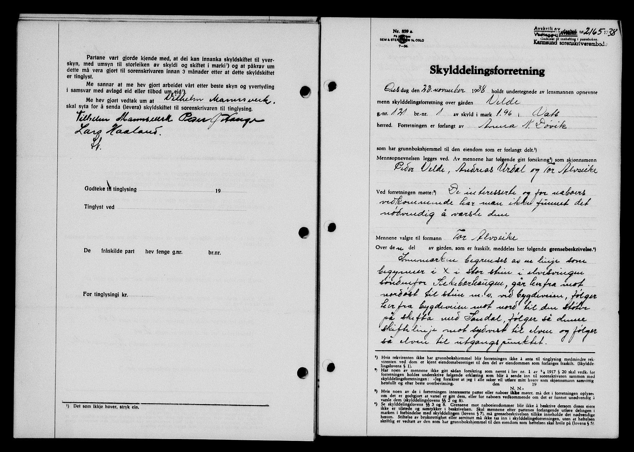 Karmsund sorenskriveri, SAST/A-100311/01/II/IIB/L0070: Pantebok nr. 51A, 1938-1939, Dagboknr: 2165/1938