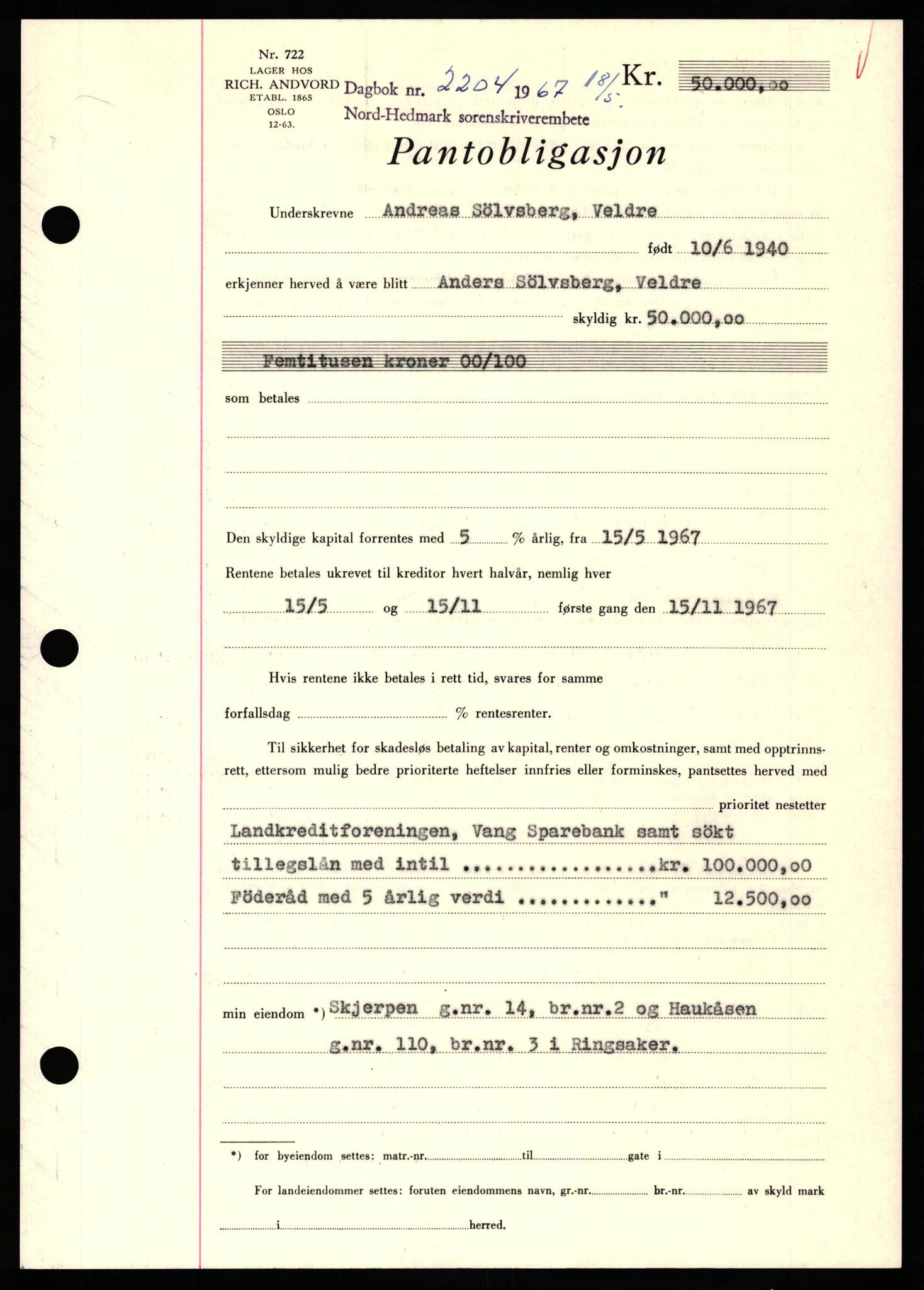 Nord-Hedmark sorenskriveri, SAH/TING-012/H/Hb/Hbf/L0071: Pantebok nr. B71, 1967-1967, Dagboknr: 2204/1967