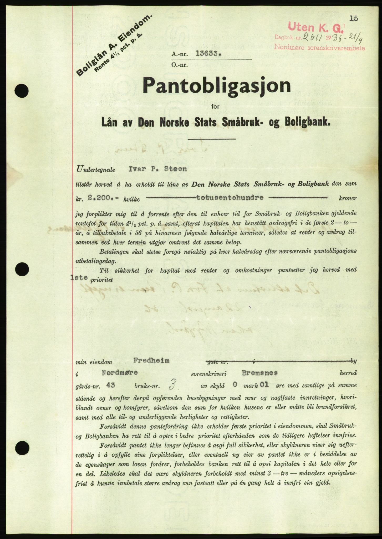 Nordmøre sorenskriveri, AV/SAT-A-4132/1/2/2Ca/L0090: Pantebok nr. B80, 1936-1937, Dagboknr: 2011/1936