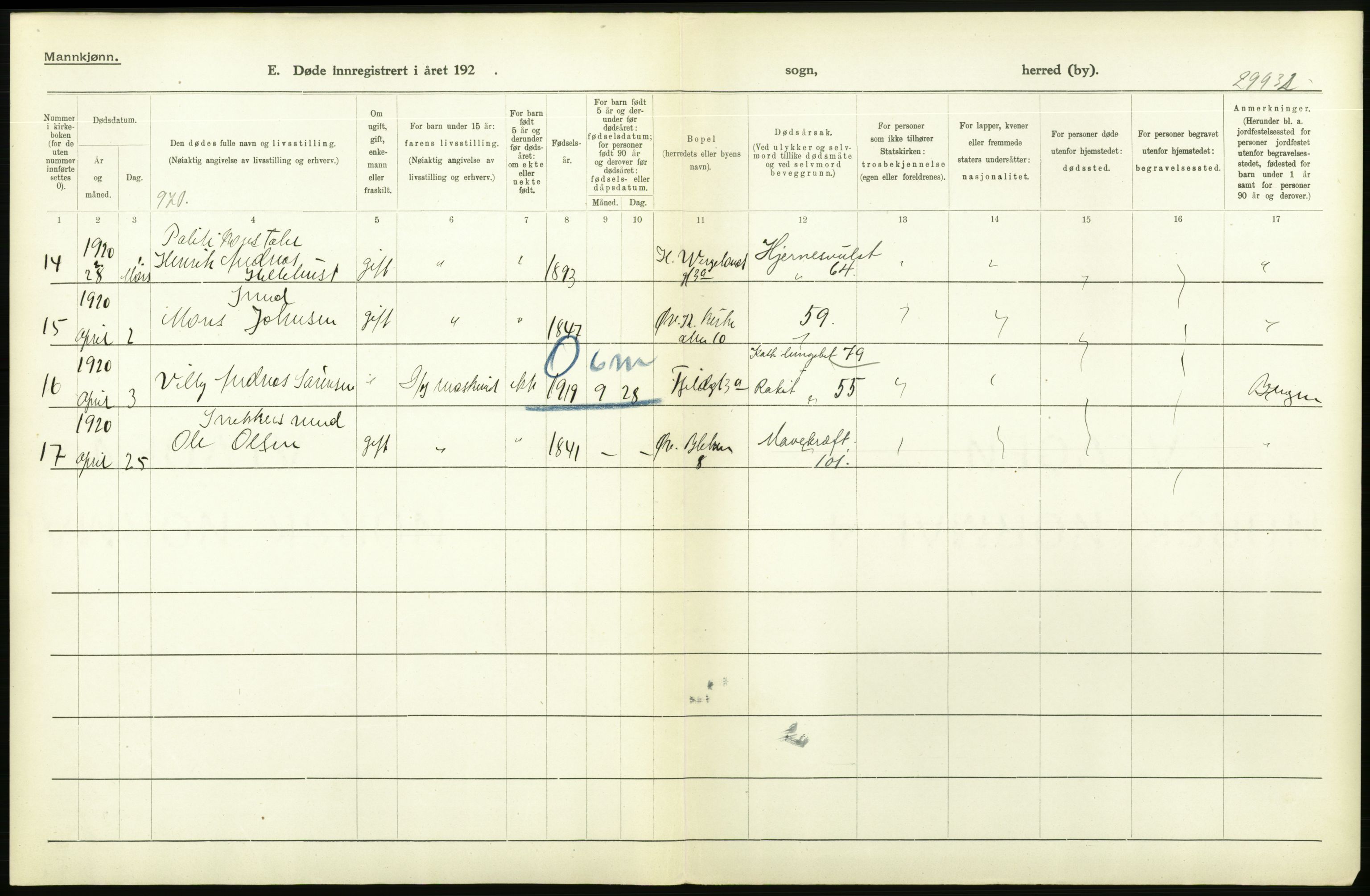 Statistisk sentralbyrå, Sosiodemografiske emner, Befolkning, AV/RA-S-2228/D/Df/Dfb/Dfbj/L0042: Bergen: Gifte, døde, dødfødte., 1920, s. 620