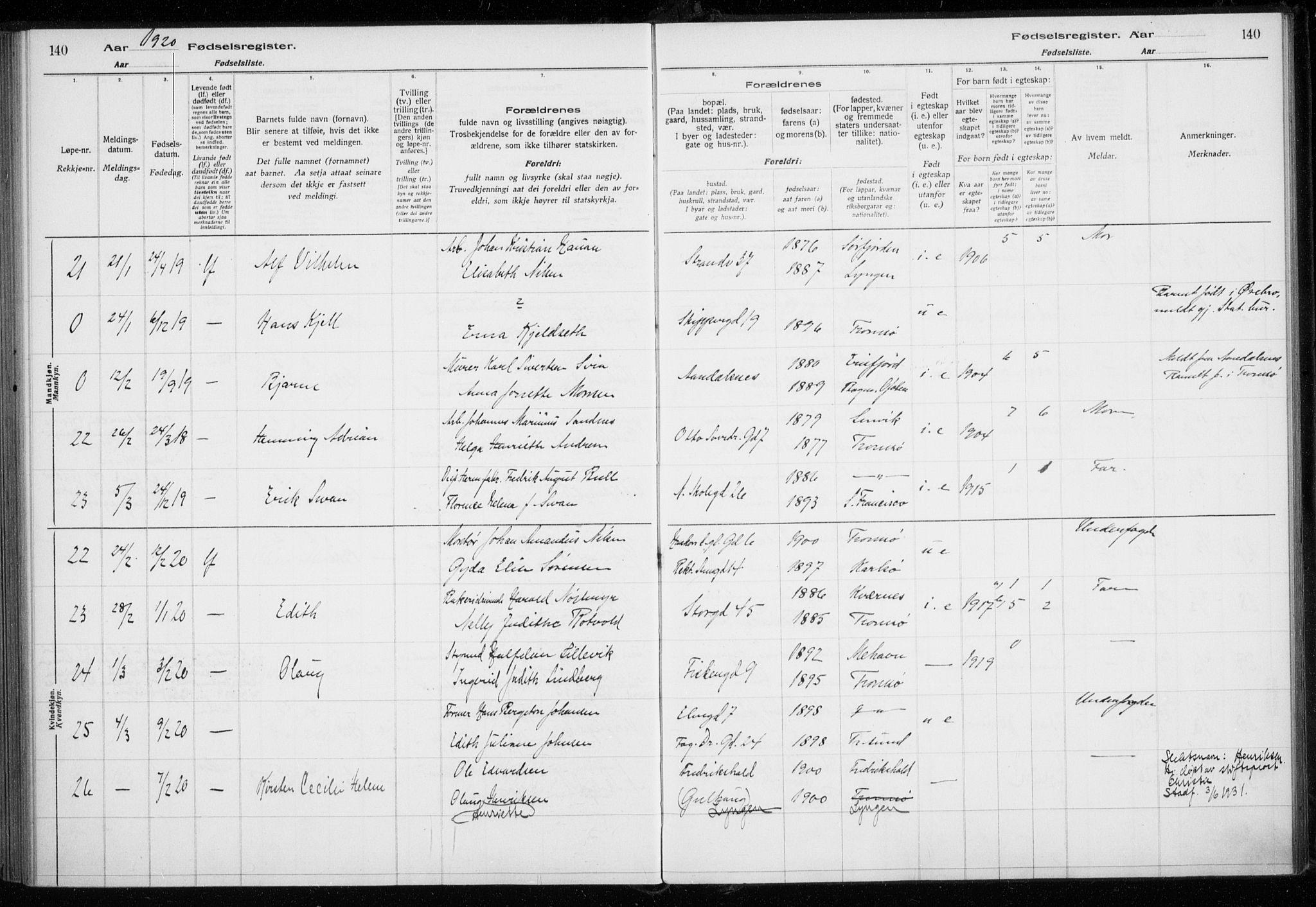 Tromsø sokneprestkontor/stiftsprosti/domprosti, SATØ/S-1343/H/Ha/L0131: Fødselsregister nr. 131, 1916-1921, s. 140