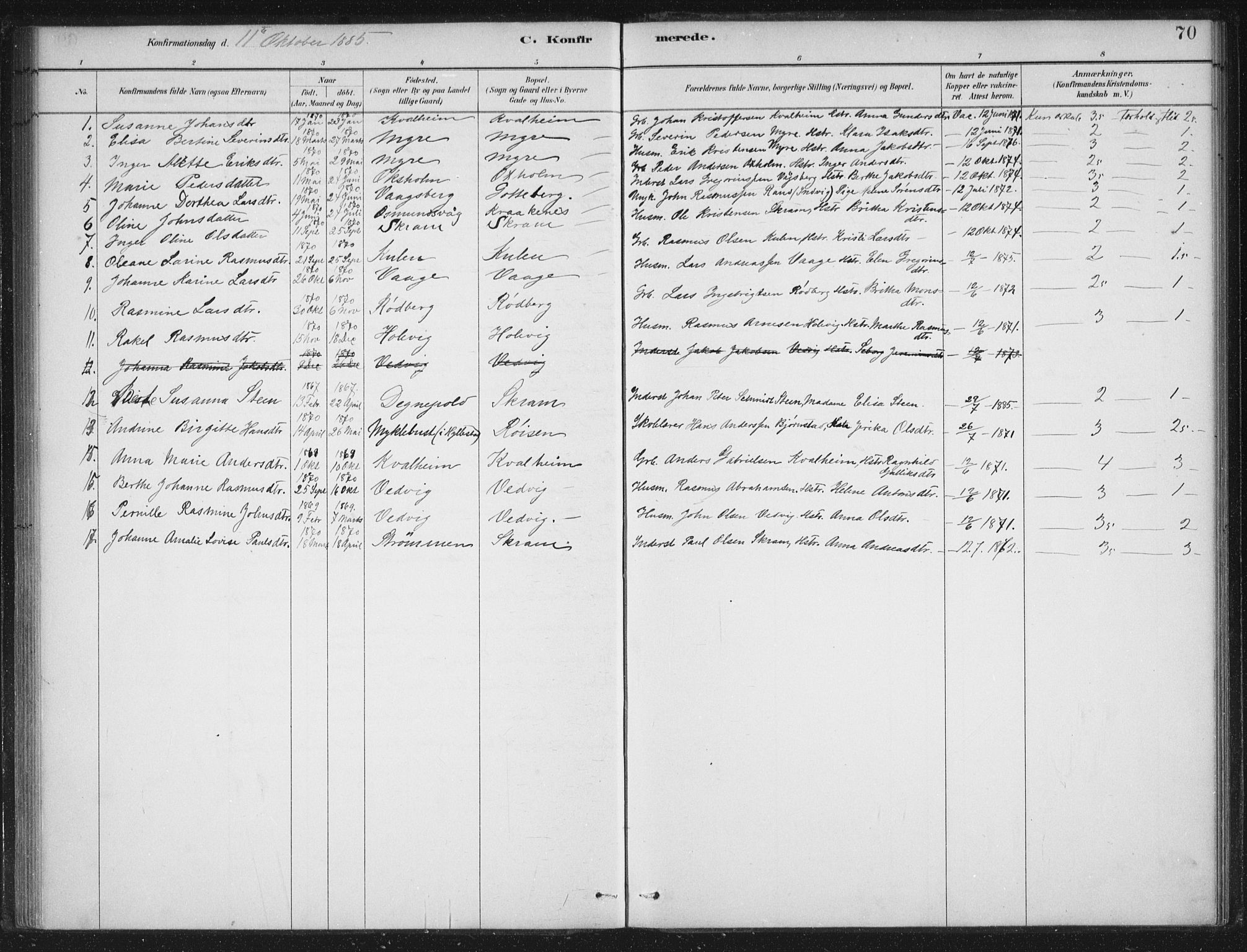Selje sokneprestembete, AV/SAB-A-99938/H/Ha/Haa/Haac/L0001: Ministerialbok nr. C  1, 1881-1888, s. 70