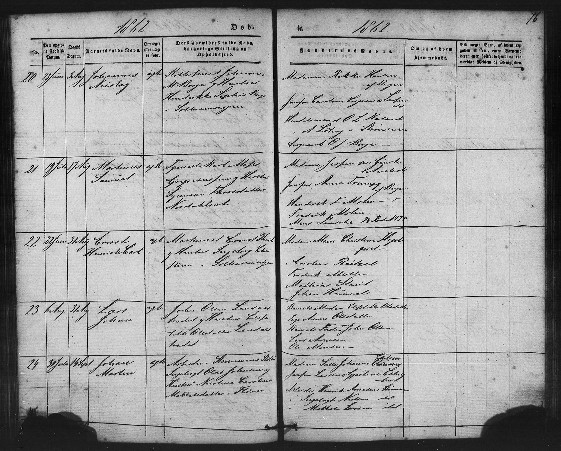 St. Jørgens hospital og Årstad sokneprestembete, AV/SAB-A-99934: Klokkerbok nr. A 2, 1843-1863, s. 76