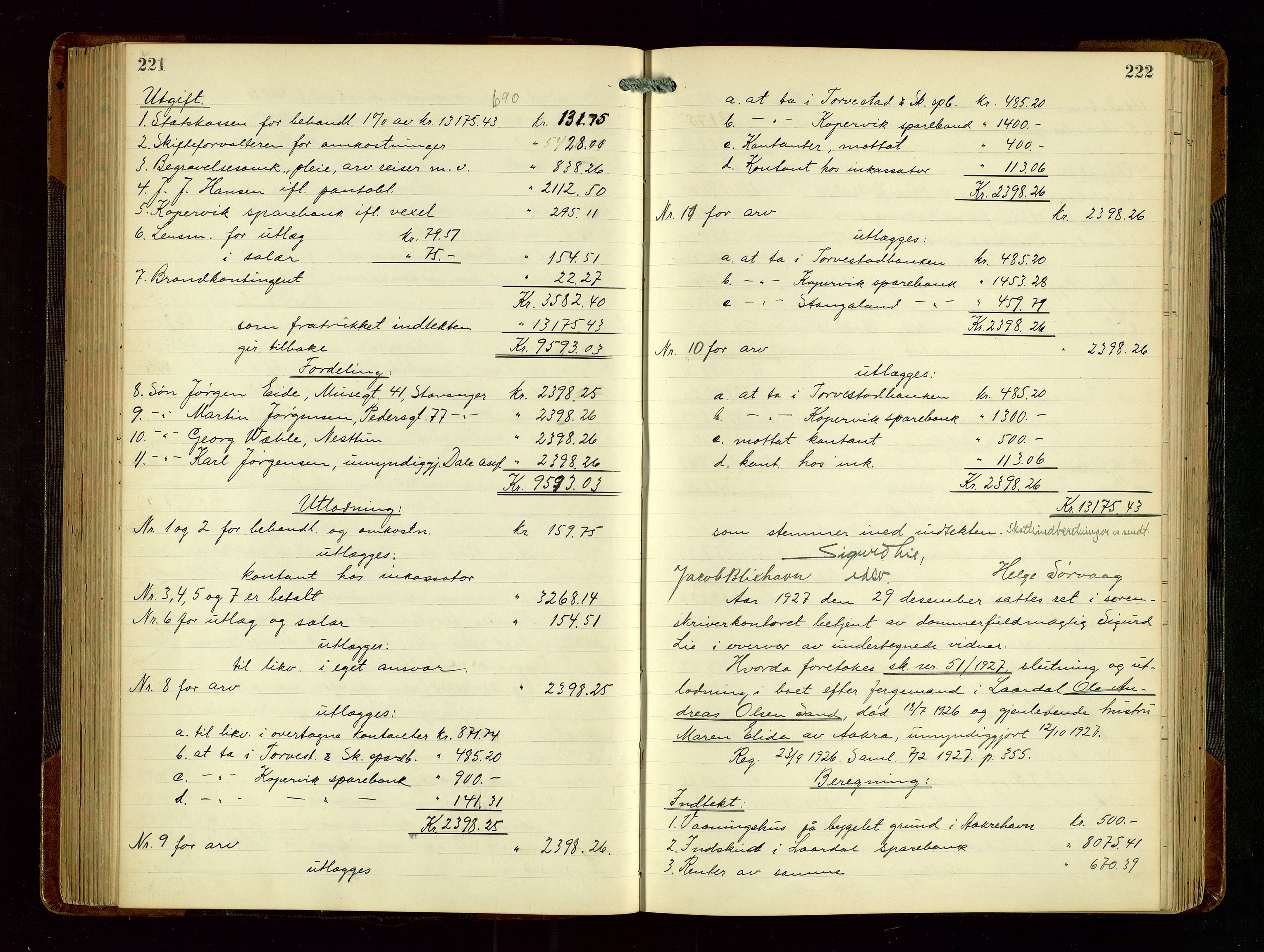 Karmsund sorenskriveri, AV/SAST-A-100311/01/IV/IVGB/L0004: SKIFTEUTLODNINGSPROTOKOLL, 1925-1931, s. 221-222