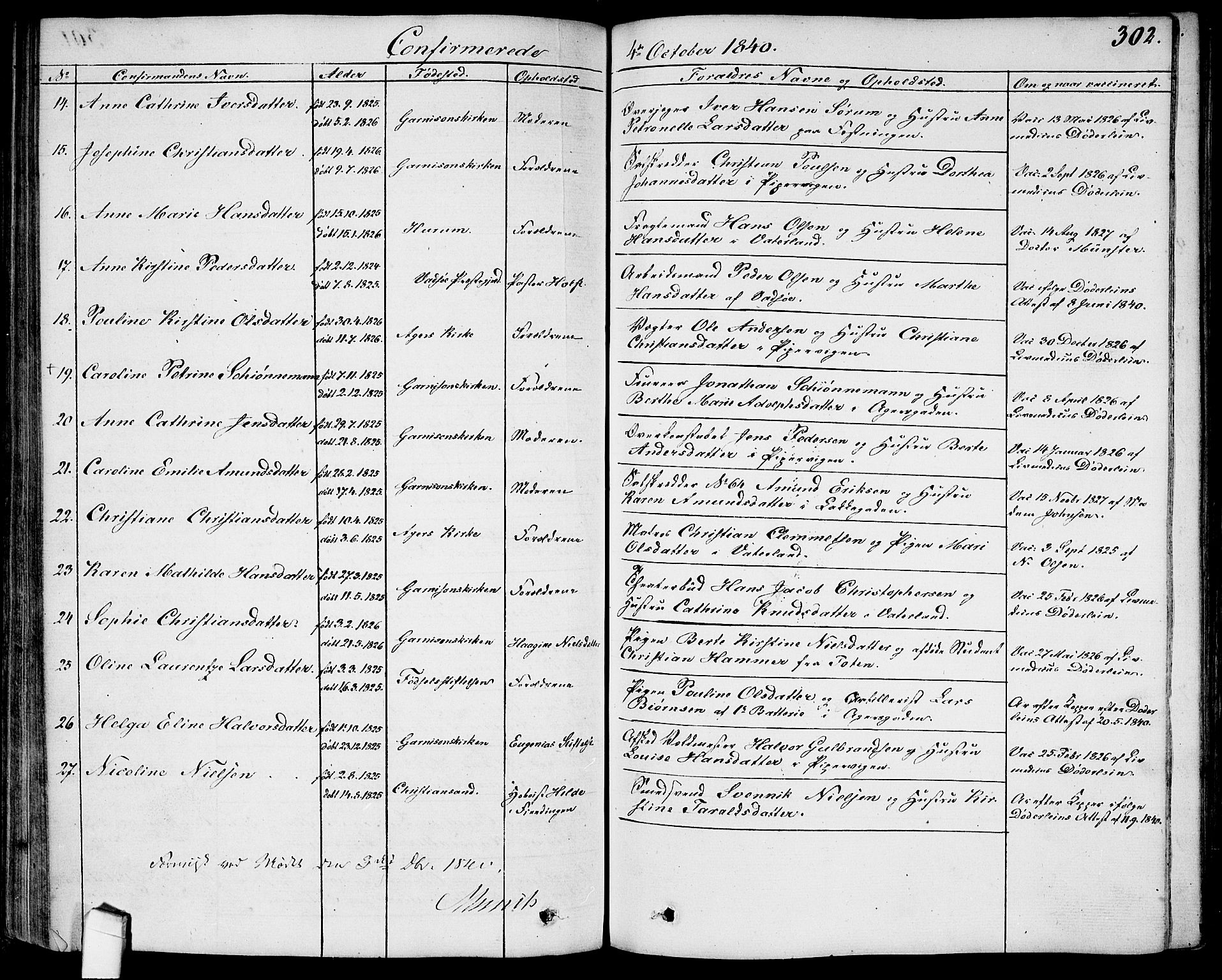 Garnisonsmenigheten Kirkebøker, AV/SAO-A-10846/G/Ga/L0004: Klokkerbok nr. 4, 1828-1840, s. 302