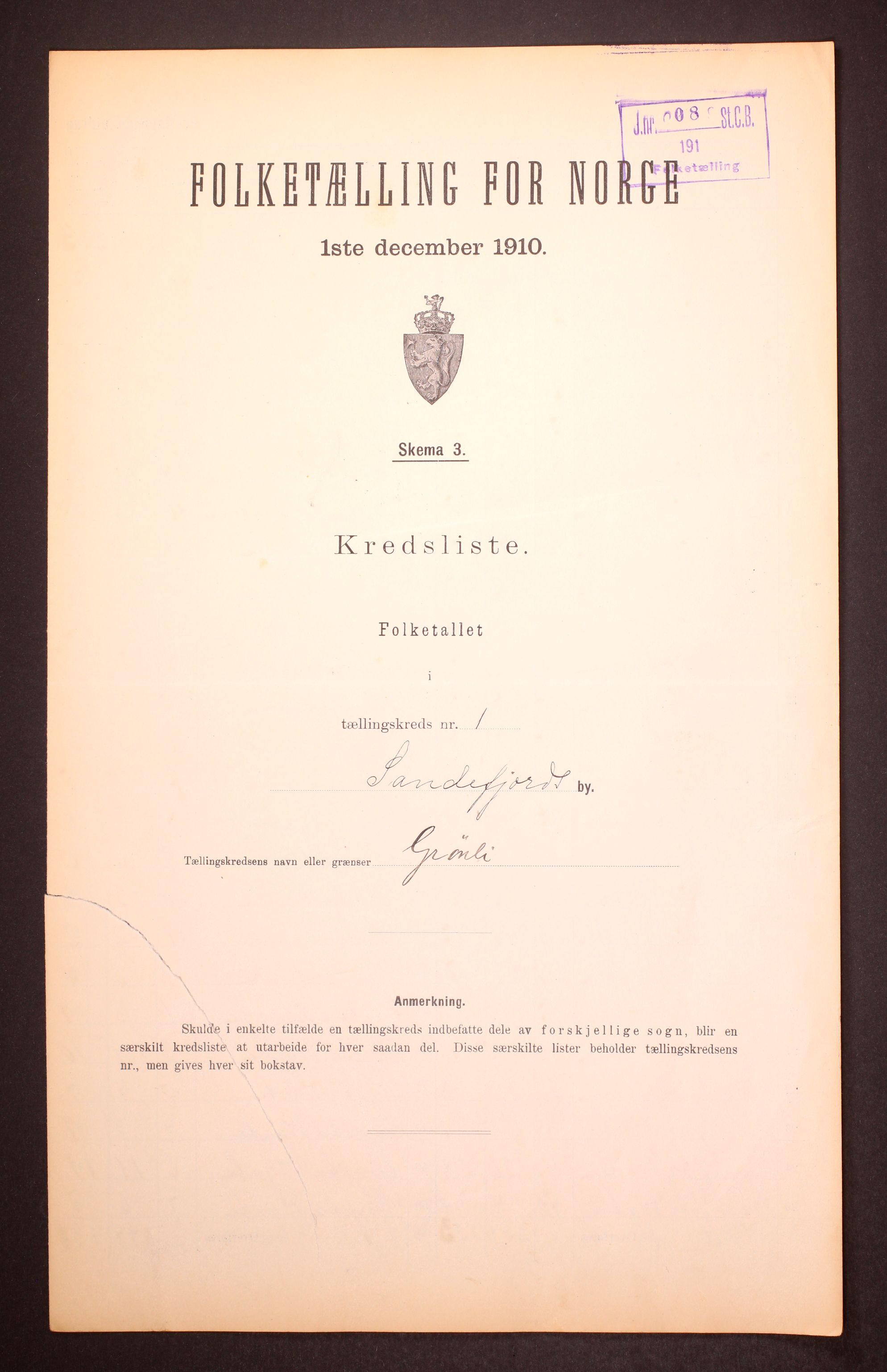 RA, Folketelling 1910 for 0706 Sandefjord kjøpstad, 1910, s. 4