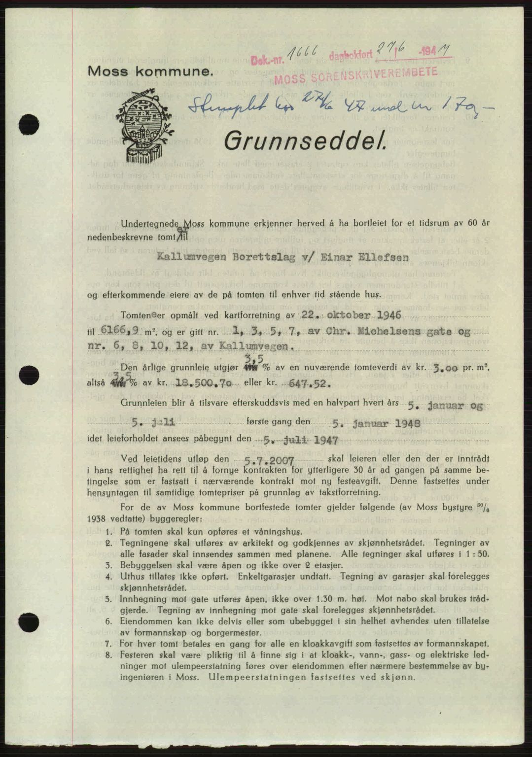 Moss sorenskriveri, SAO/A-10168: Pantebok nr. A17, 1947-1947, Dagboknr: 1666/1947