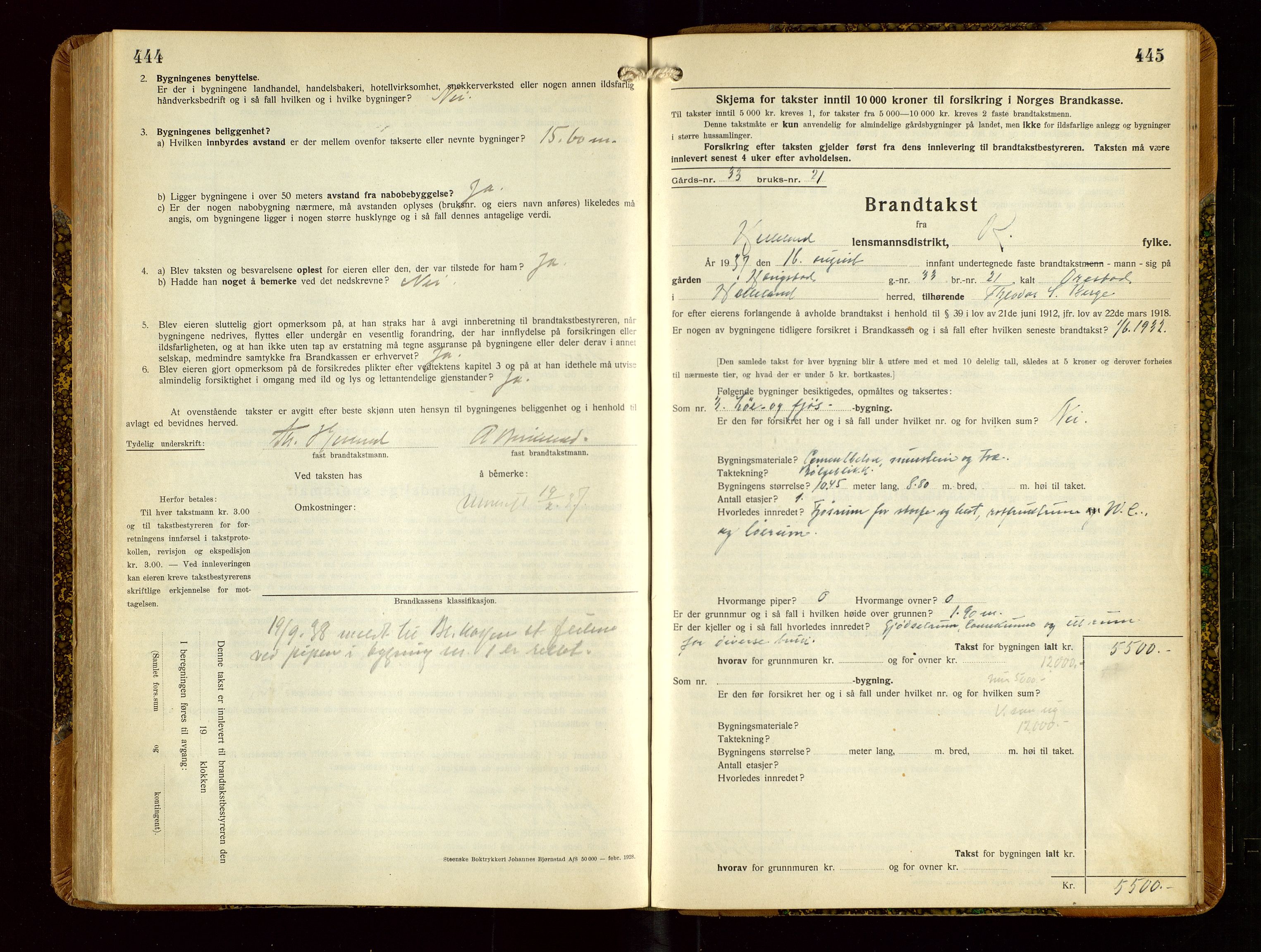 Helleland lensmannskontor, AV/SAST-A-100209/Gob/L0003: "Brandtakstprotokoll", 1930-1939, s. 444-445