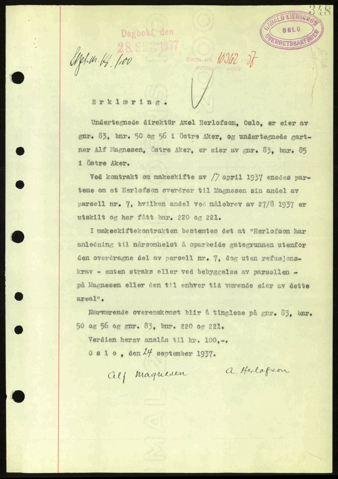 Aker herredsskriveri, SAO/A-10896/G/Gb/Gba/Gbab/L0017: Pantebok nr. A148, 1937-1937, Dagboknr: 10362/1937