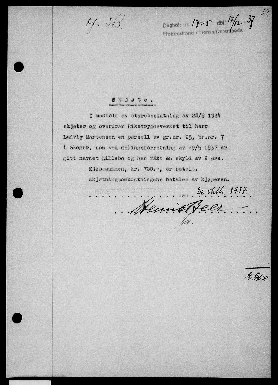 Holmestrand sorenskriveri, SAKO/A-67/G/Ga/Gaa/L0049: Pantebok nr. A-49, 1937-1938, Dagboknr: 1705/1937