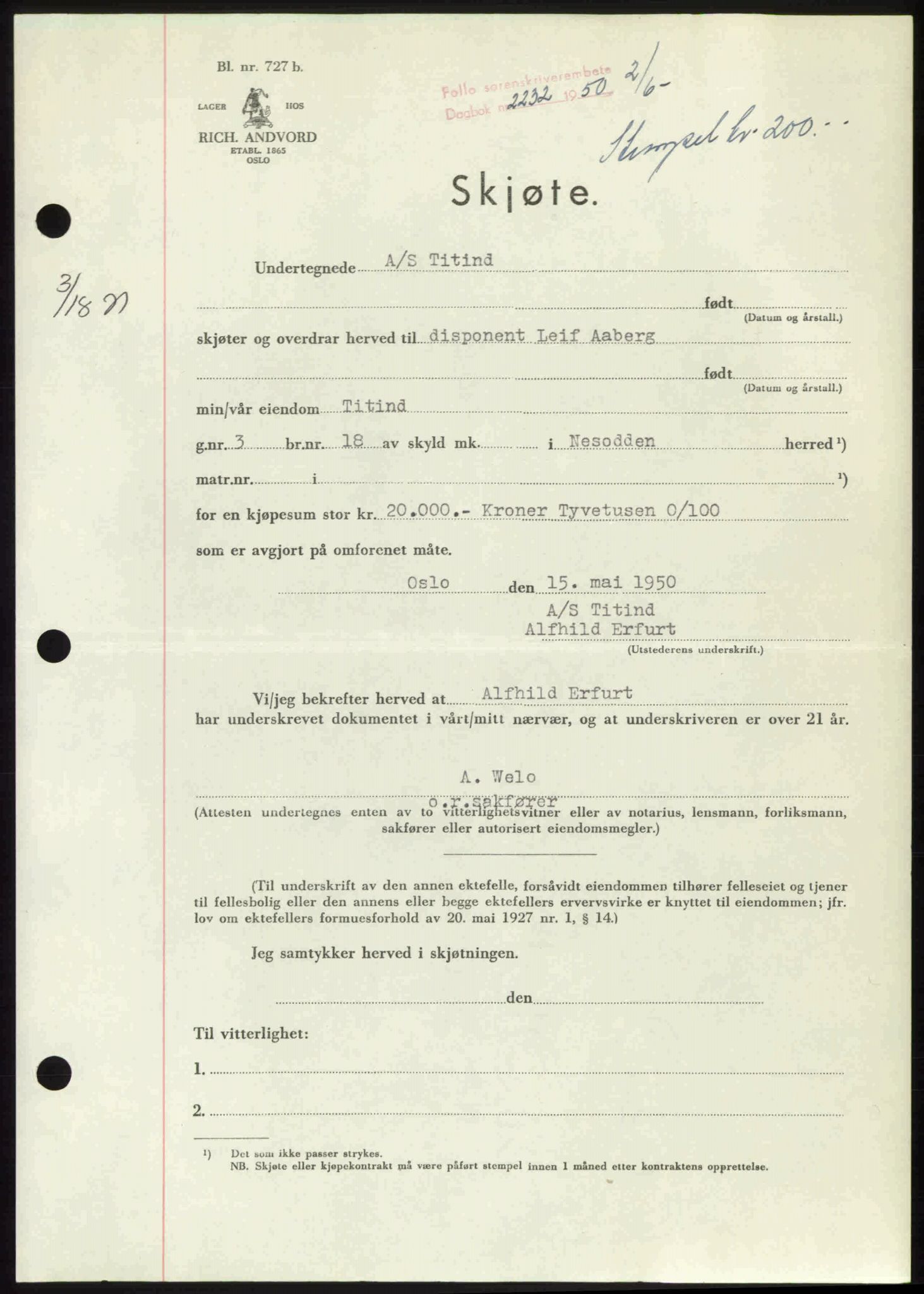 Follo sorenskriveri, SAO/A-10274/G/Ga/Gaa/L0092: Pantebok nr. I 92, 1950-1950, Dagboknr: 2232/1950