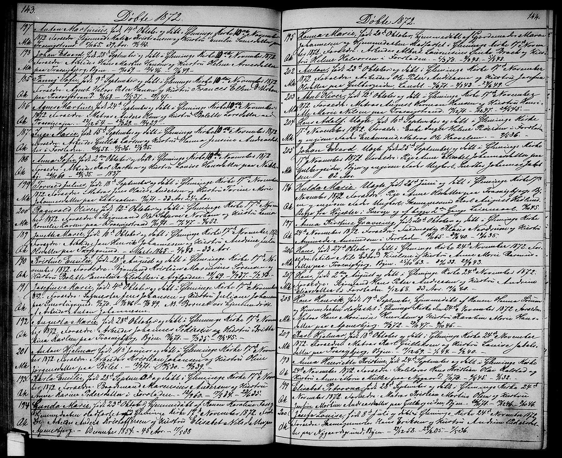 Glemmen prestekontor Kirkebøker, AV/SAO-A-10908/G/Ga/L0004: Klokkerbok nr. 4, 1867-1875, s. 143-144