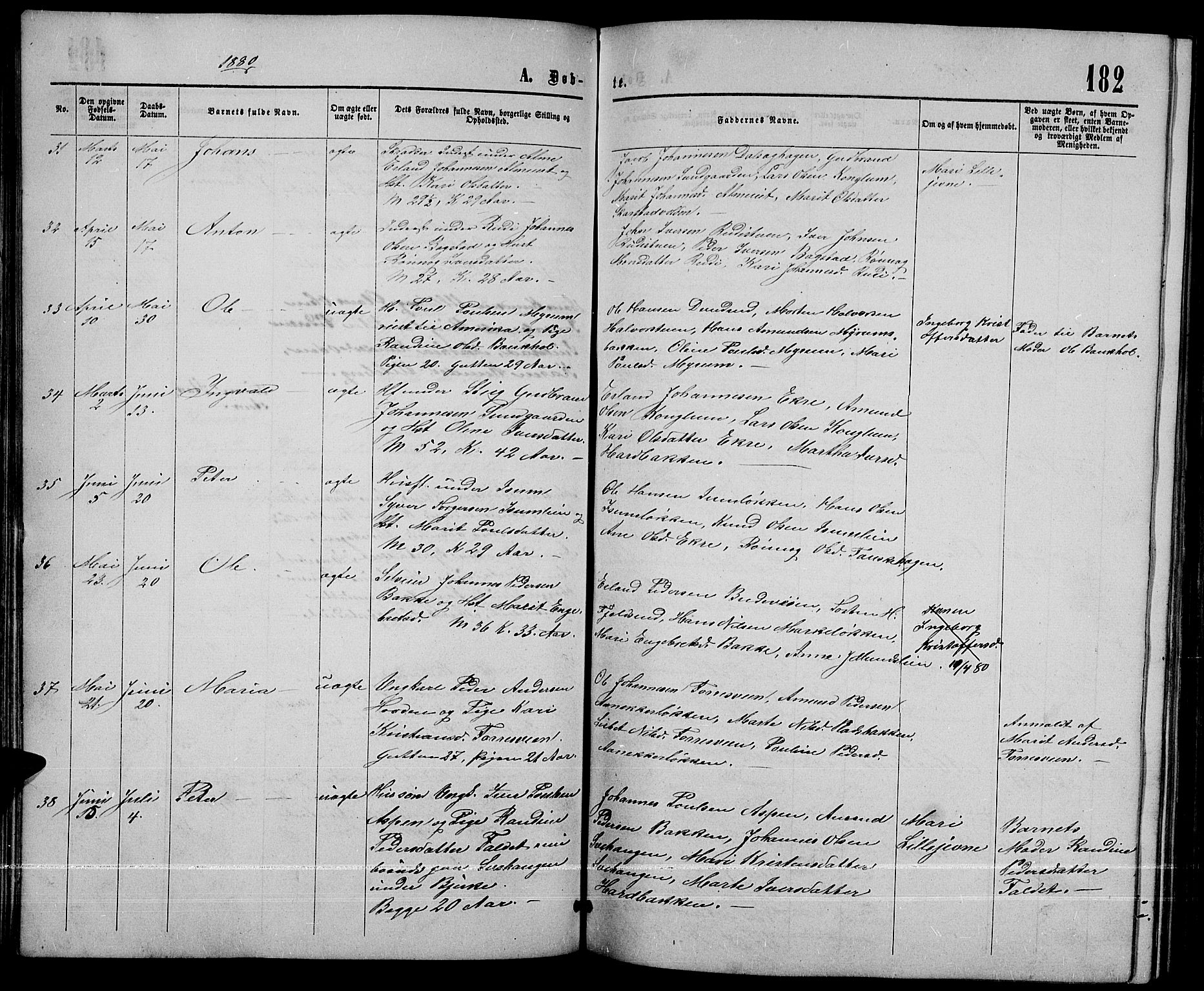 Sør-Fron prestekontor, AV/SAH-PREST-010/H/Ha/Hab/L0002: Klokkerbok nr. 2, 1864-1883, s. 182
