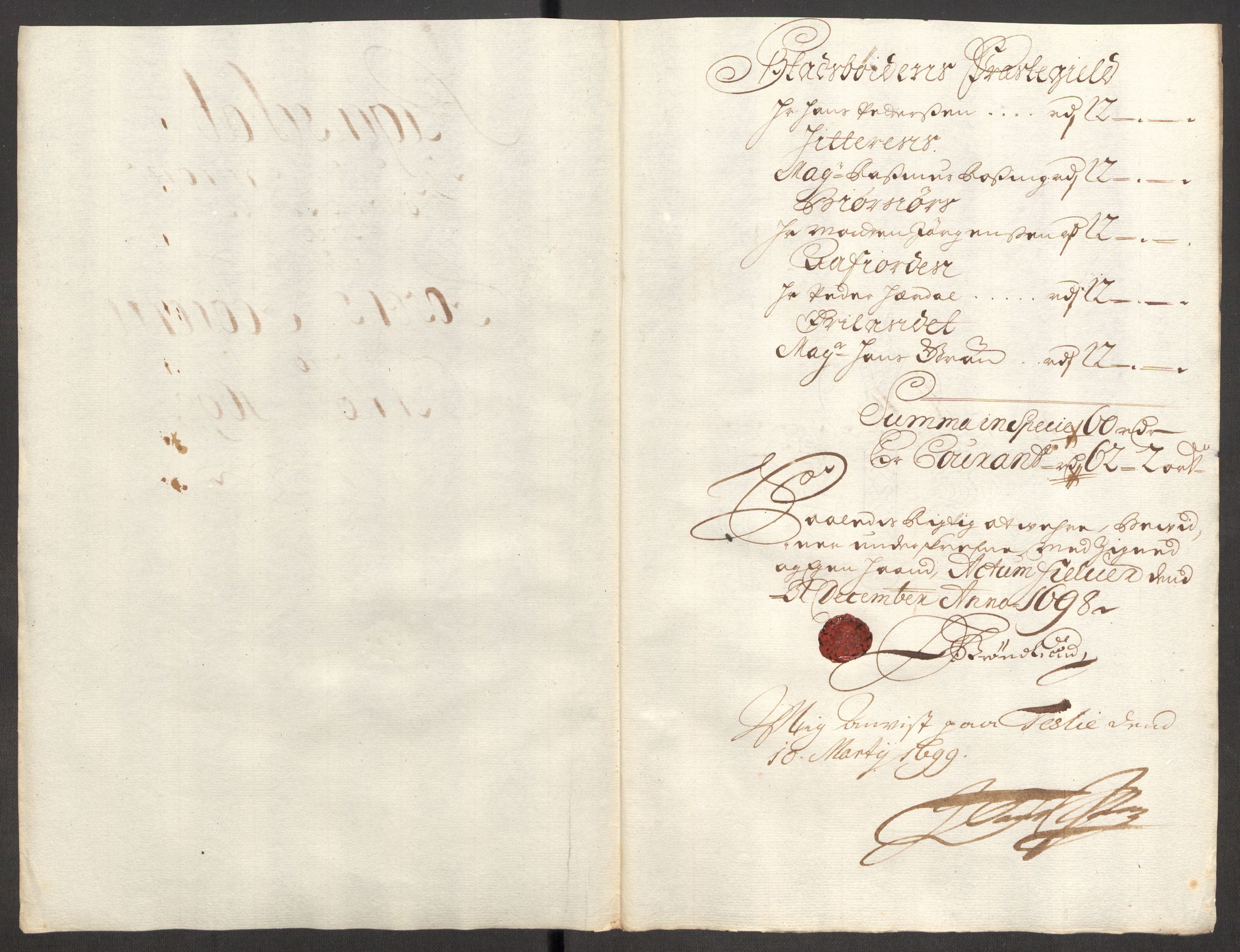 Rentekammeret inntil 1814, Reviderte regnskaper, Fogderegnskap, AV/RA-EA-4092/R57/L3853: Fogderegnskap Fosen, 1698-1699, s. 145