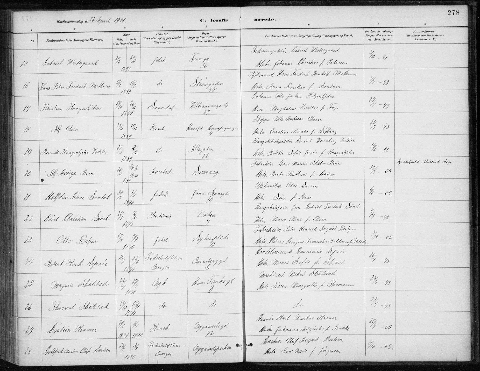 Johanneskirken sokneprestembete, AV/SAB-A-76001/H/Haa/L0008: Ministerialbok nr. C 1, 1885-1907, s. 278