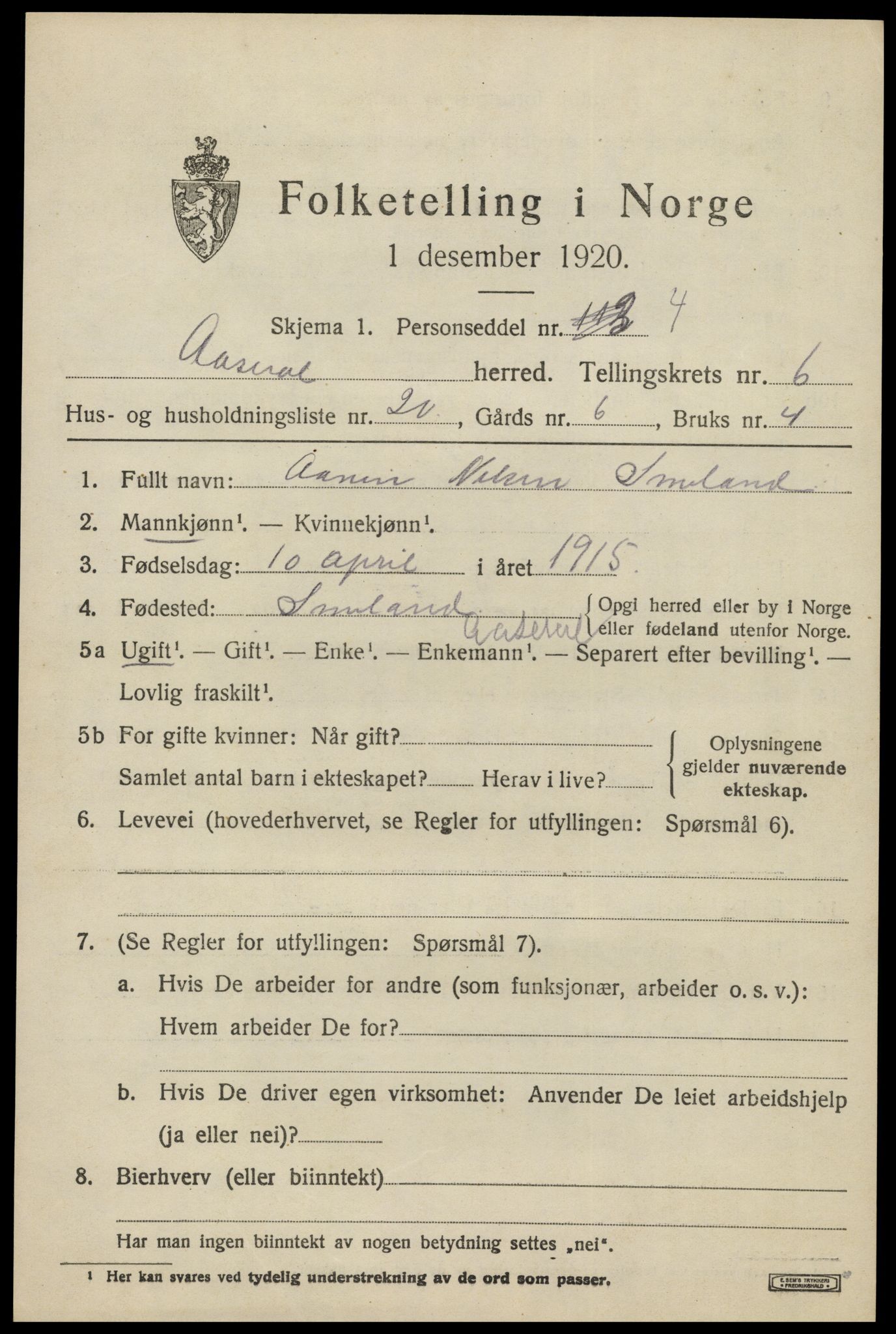 SAK, Folketelling 1920 for 1026 Åseral herred, 1920, s. 2022