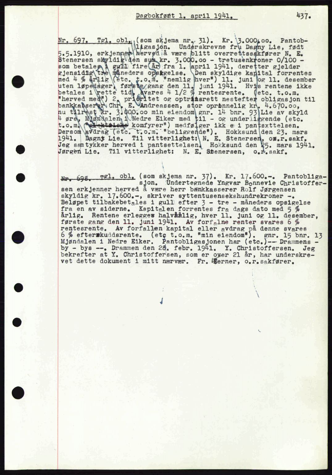 Eiker, Modum og Sigdal sorenskriveri, SAKO/A-123/G/Ga/Gab/L0043: Pantebok nr. A13, 1940-1941, Dagboknr: 697/1941