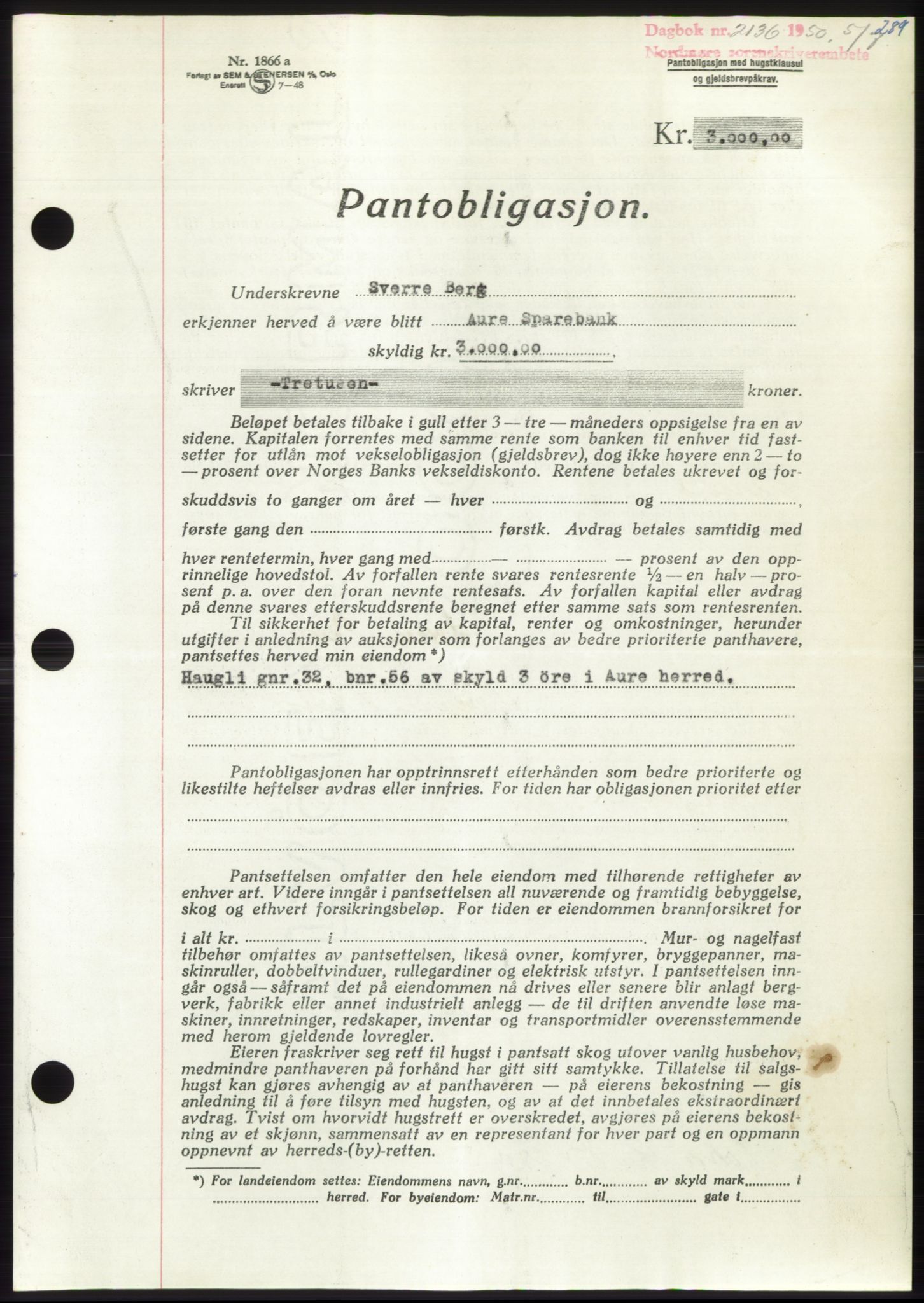 Nordmøre sorenskriveri, AV/SAT-A-4132/1/2/2Ca: Pantebok nr. B105, 1950-1950, Dagboknr: 2136/1950