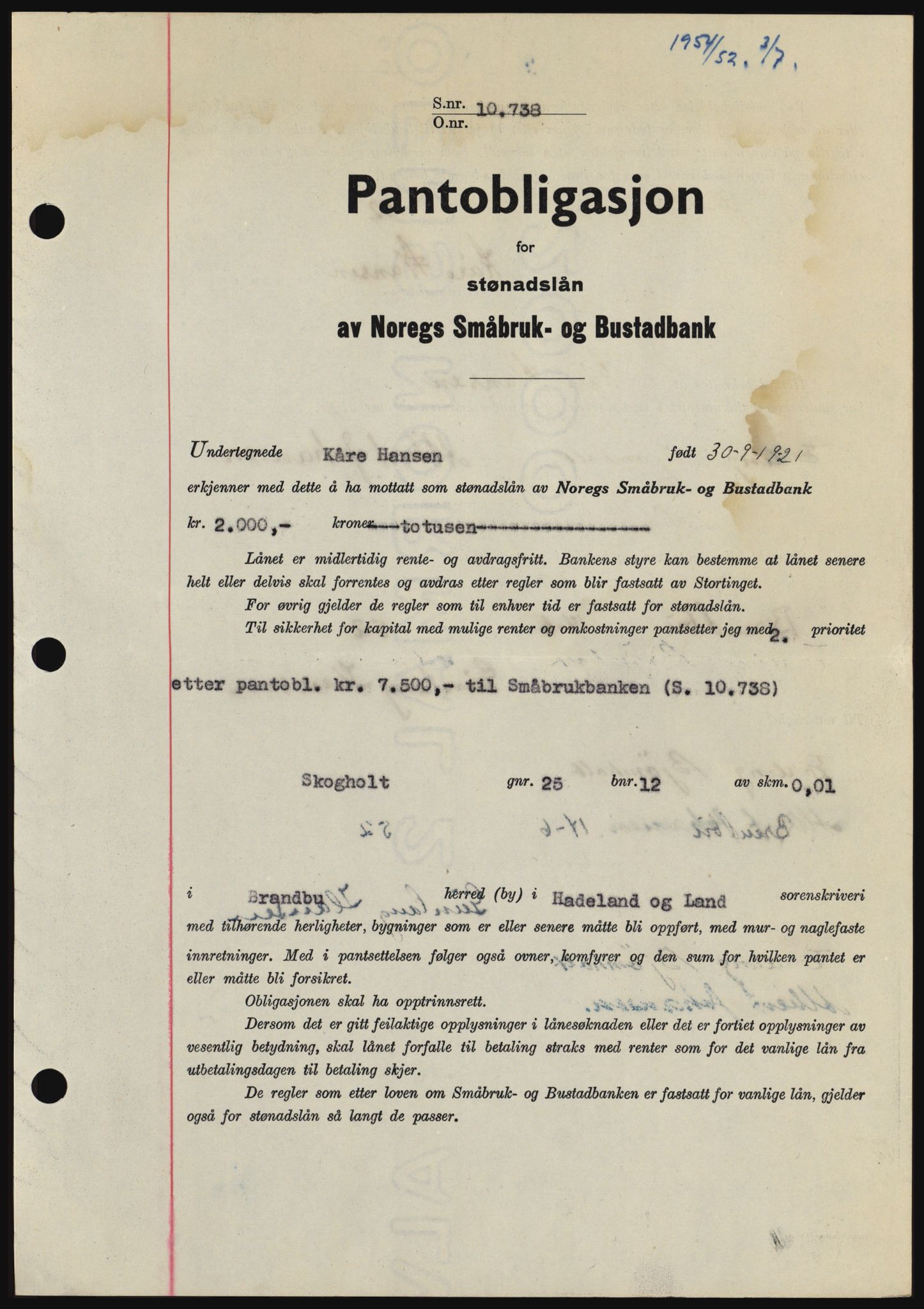 Hadeland og Land tingrett, SAH/TING-010/H/Hb/Hbc/L0024: Pantebok nr. B24, 1952-1952, Dagboknr: 1954/1952