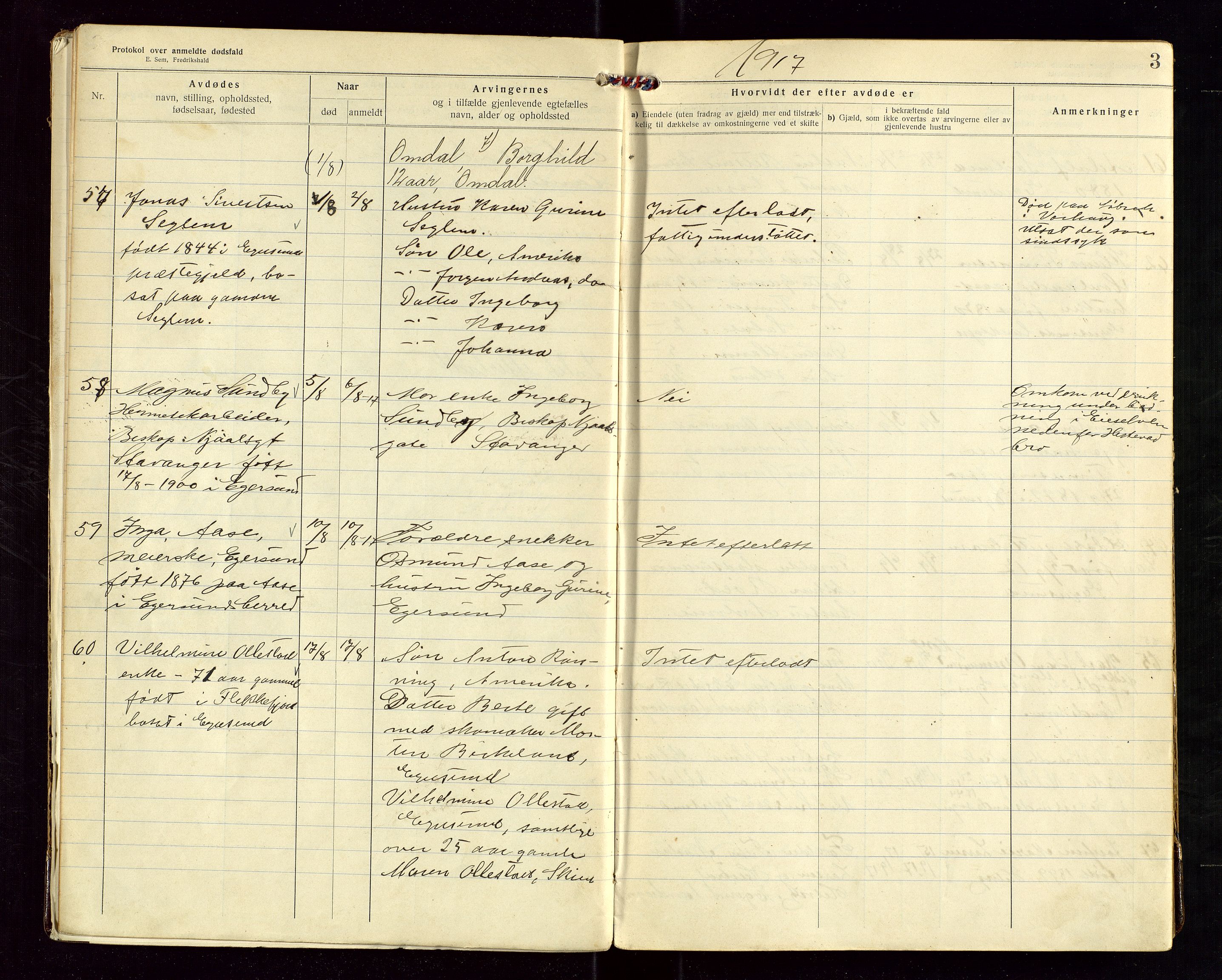 Eigersund lensmannskontor, SAST/A-100171/Gga/L0007: "Protokol over anmeldte dødsfald" m/alfabetisk navneregister, 1917-1920, s. 3