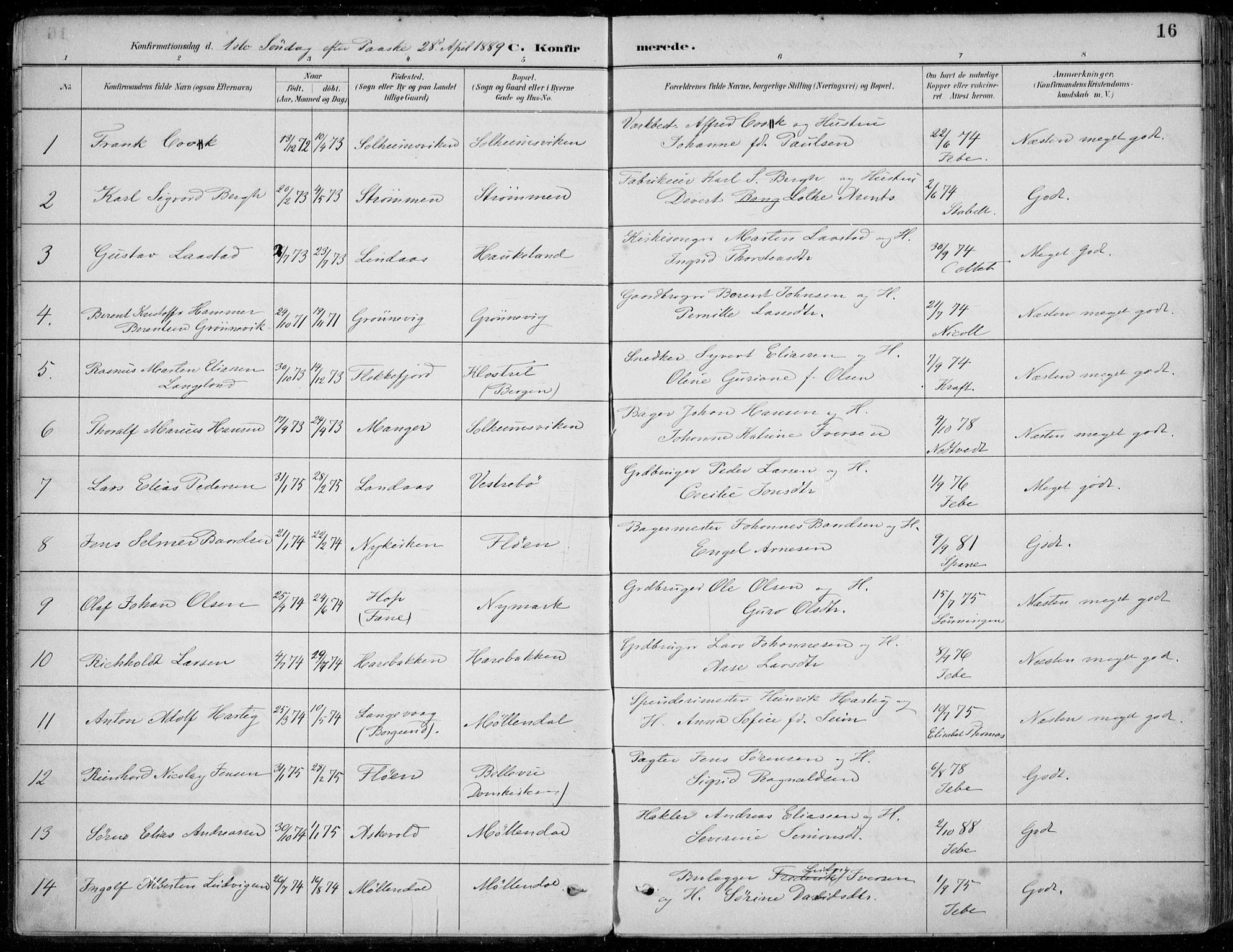 Årstad Sokneprestembete, AV/SAB-A-79301/H/Haa/L0006: Ministerialbok nr. B 1, 1886-1901, s. 16