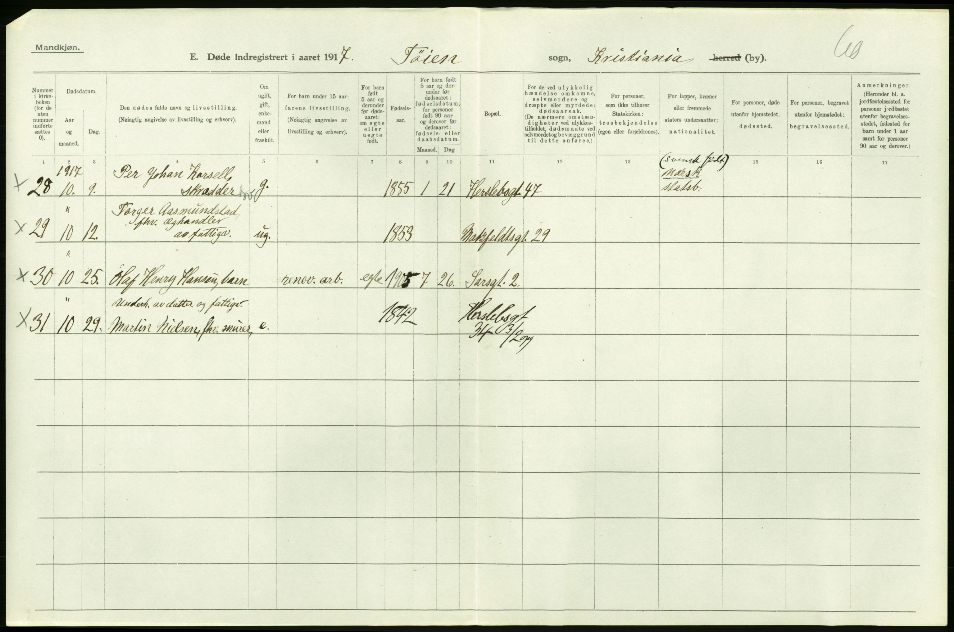 Statistisk sentralbyrå, Sosiodemografiske emner, Befolkning, AV/RA-S-2228/D/Df/Dfb/Dfbg/L0011: Kristiania: Døde, dødfødte., 1917, s. 74