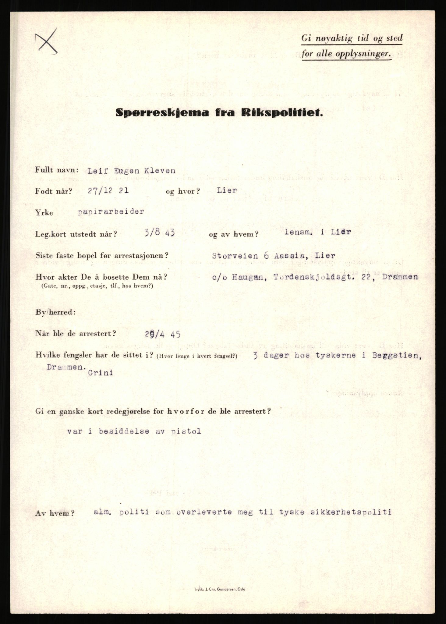 Rikspolitisjefen, AV/RA-S-1560/L/L0009: Karlsen, Aksel Emanuel - Kristiansen, Øivind Vetre, 1940-1945, s. 459