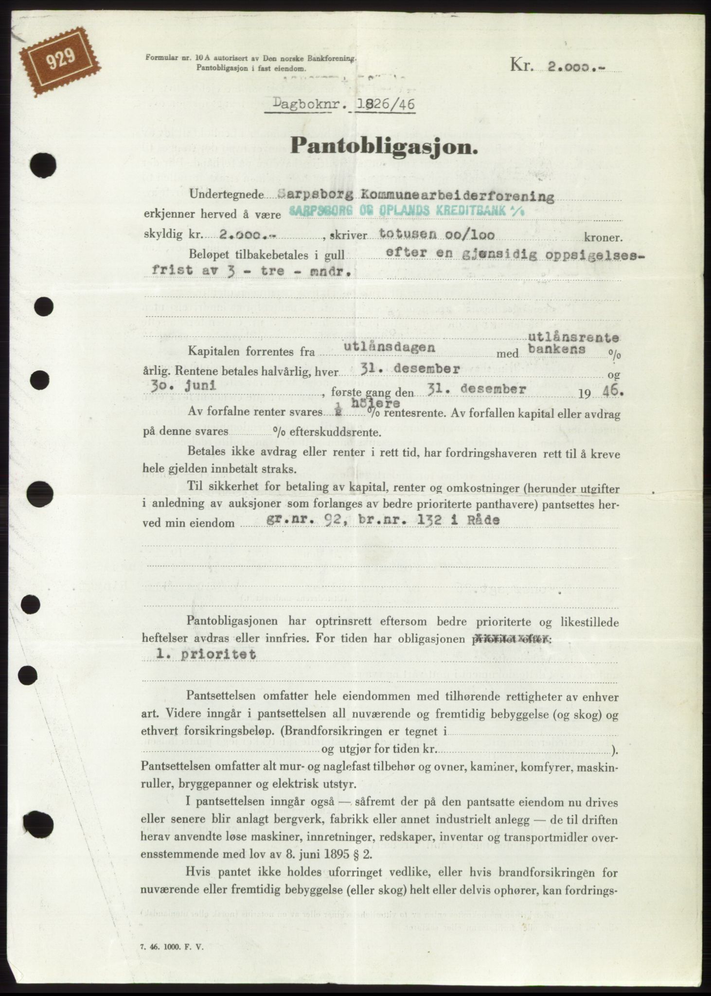 Moss sorenskriveri, SAO/A-10168: Pantebok nr. B15, 1946-1946, Dagboknr: 1826/1946