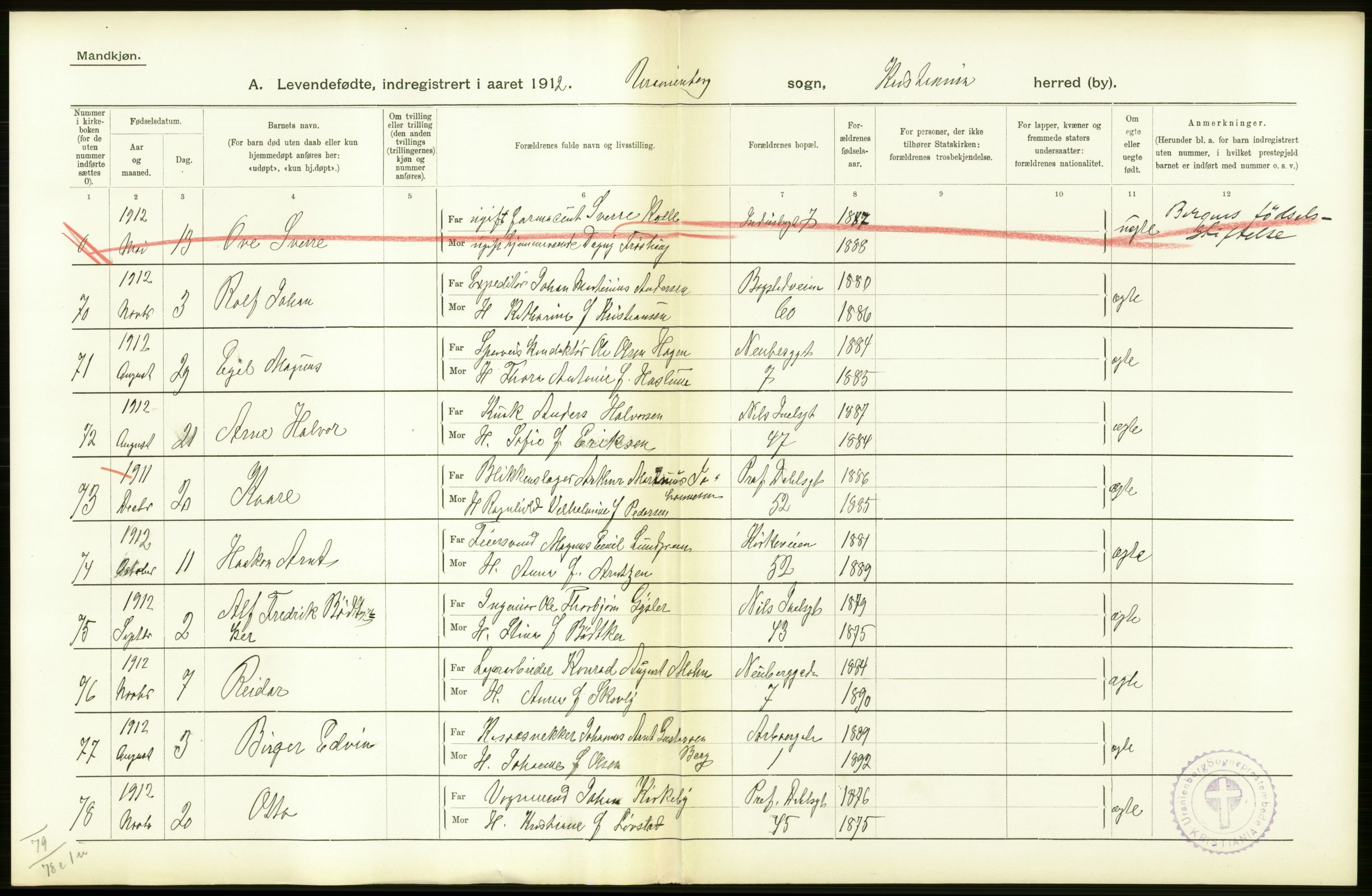 Statistisk sentralbyrå, Sosiodemografiske emner, Befolkning, RA/S-2228/D/Df/Dfb/Dfbb/L0007: Kristiania:  Levendefødte menn og kvinner., 1912, s. 568