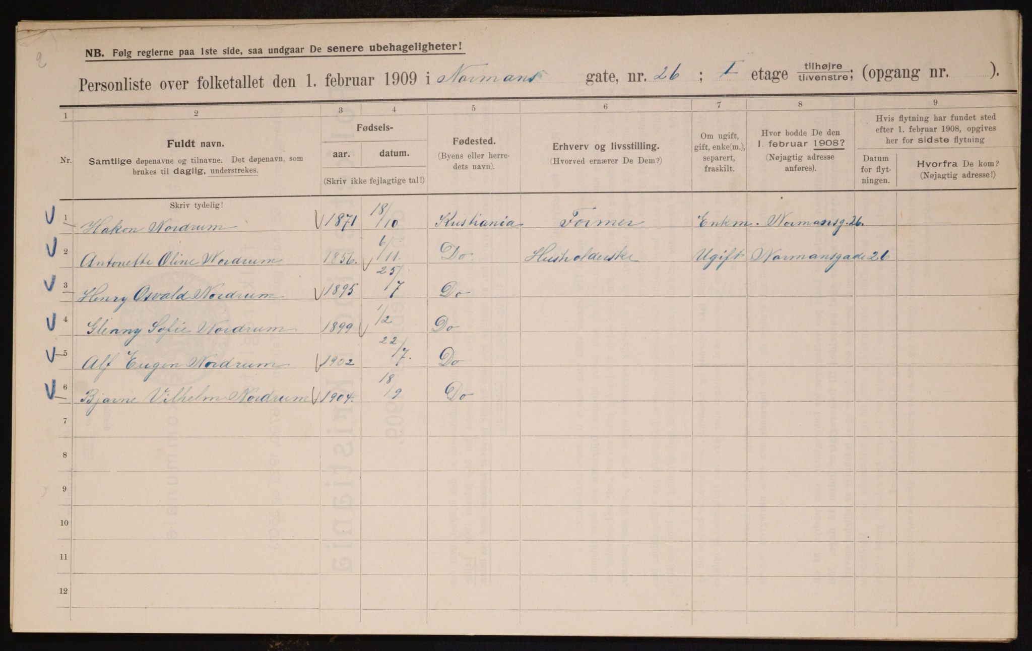 OBA, Kommunal folketelling 1.2.1909 for Kristiania kjøpstad, 1909, s. 66585