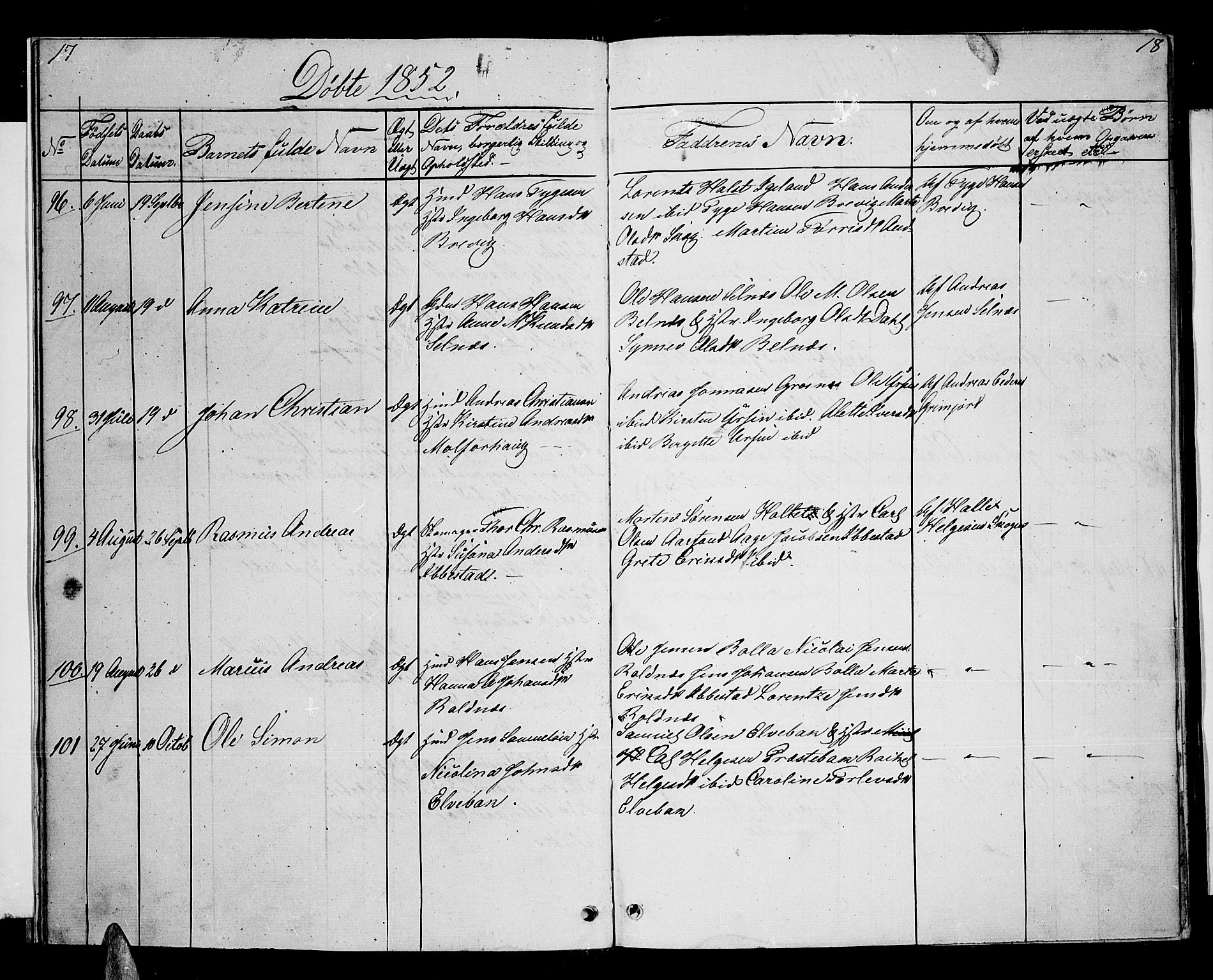 Ibestad sokneprestembete, AV/SATØ-S-0077/H/Ha/Hab/L0004klokker: Klokkerbok nr. 4, 1852-1860, s. 17-18