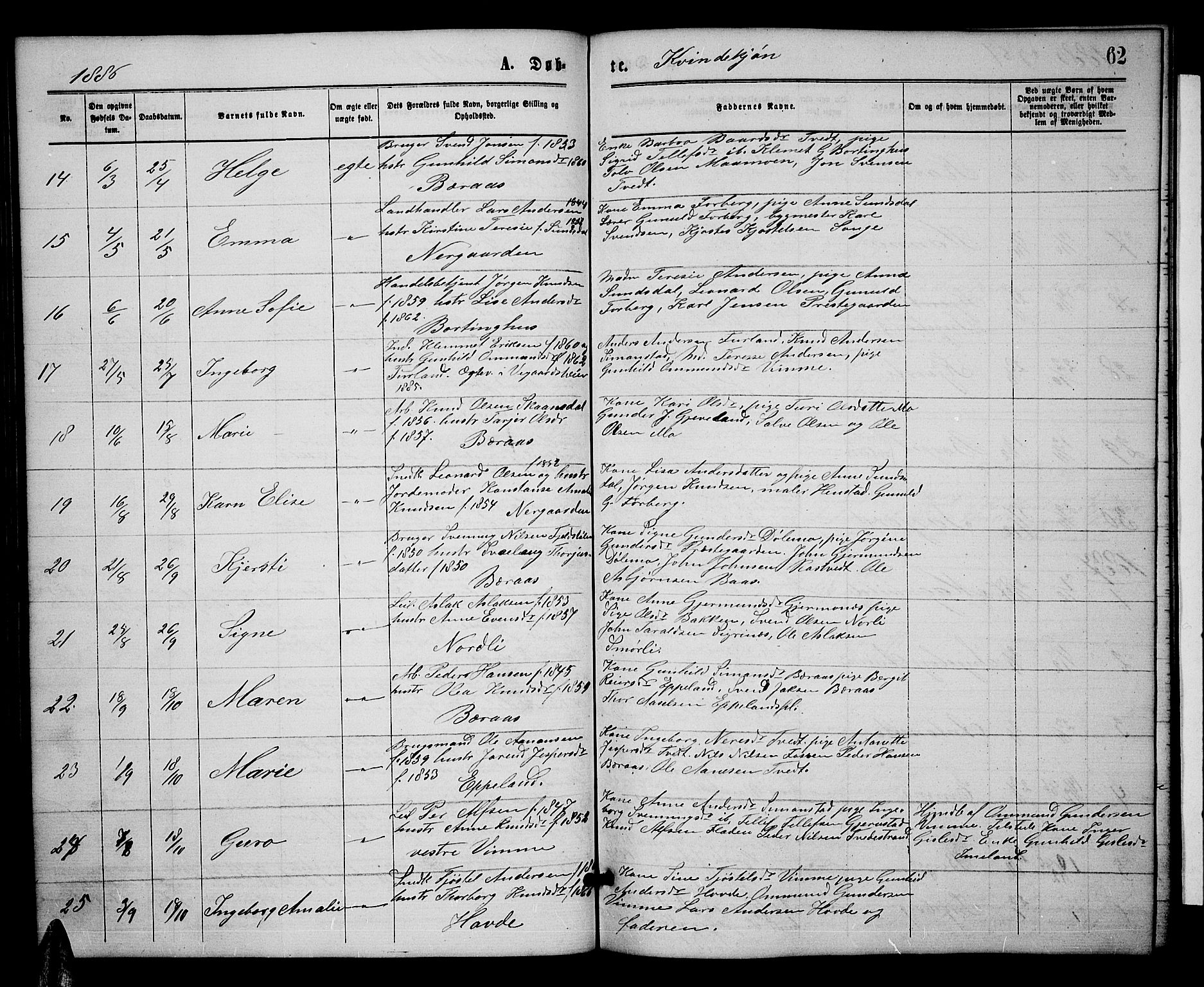 Åmli sokneprestkontor, AV/SAK-1111-0050/F/Fb/Fbc/L0003: Klokkerbok nr. B 3, 1868-1888, s. 62