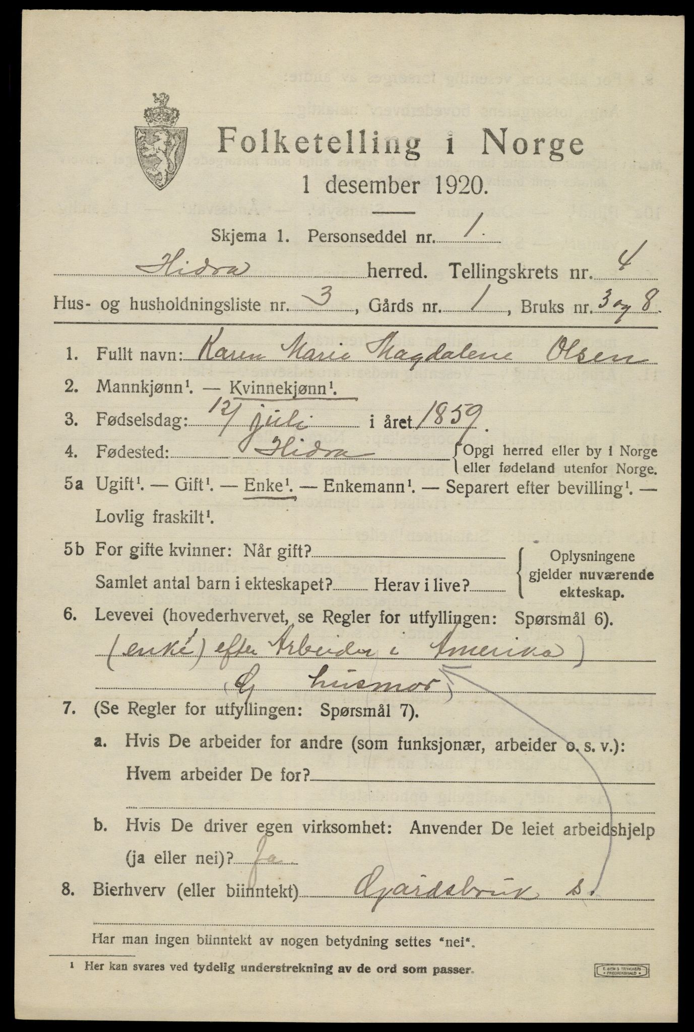 SAK, Folketelling 1920 for 1042 Hidra herred, 1920, s. 2108