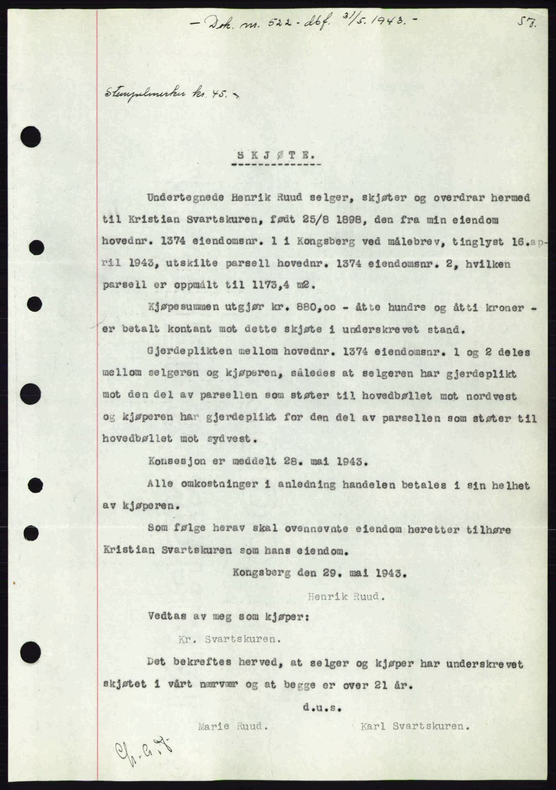 Numedal og Sandsvær sorenskriveri, SAKO/A-128/G/Ga/Gaa/L0055: Pantebok nr. A7, 1943-1944, Dagboknr: 522/1943
