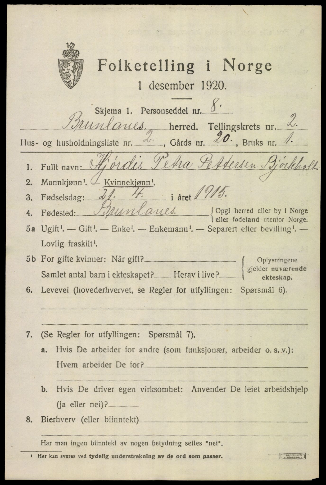 SAKO, Folketelling 1920 for 0726 Brunlanes herred, 1920, s. 3335