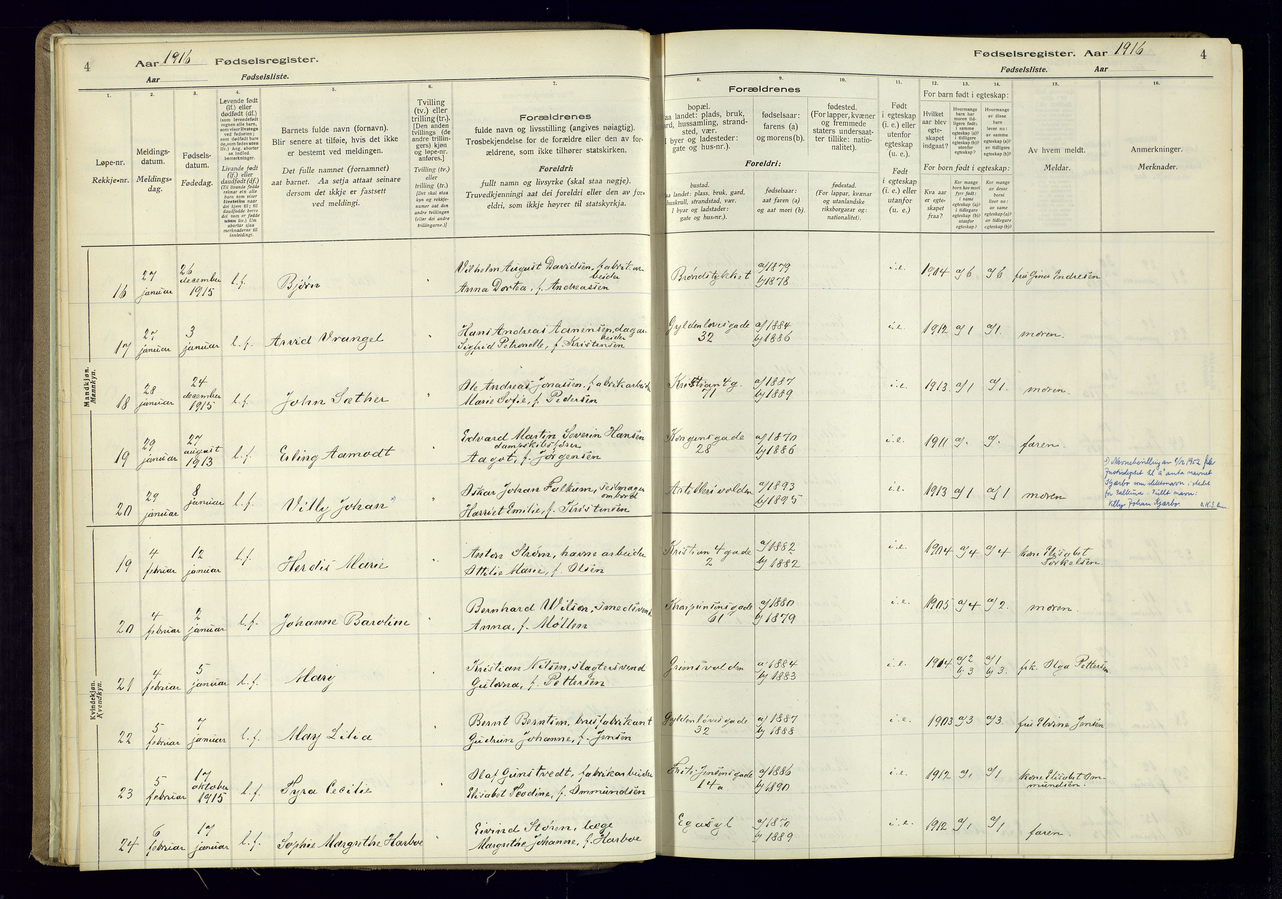 Kristiansand domprosti, AV/SAK-1112-0006/J/Jc/L0001: Fødselsregister nr. A-VI-45, 1916-1921, s. 4