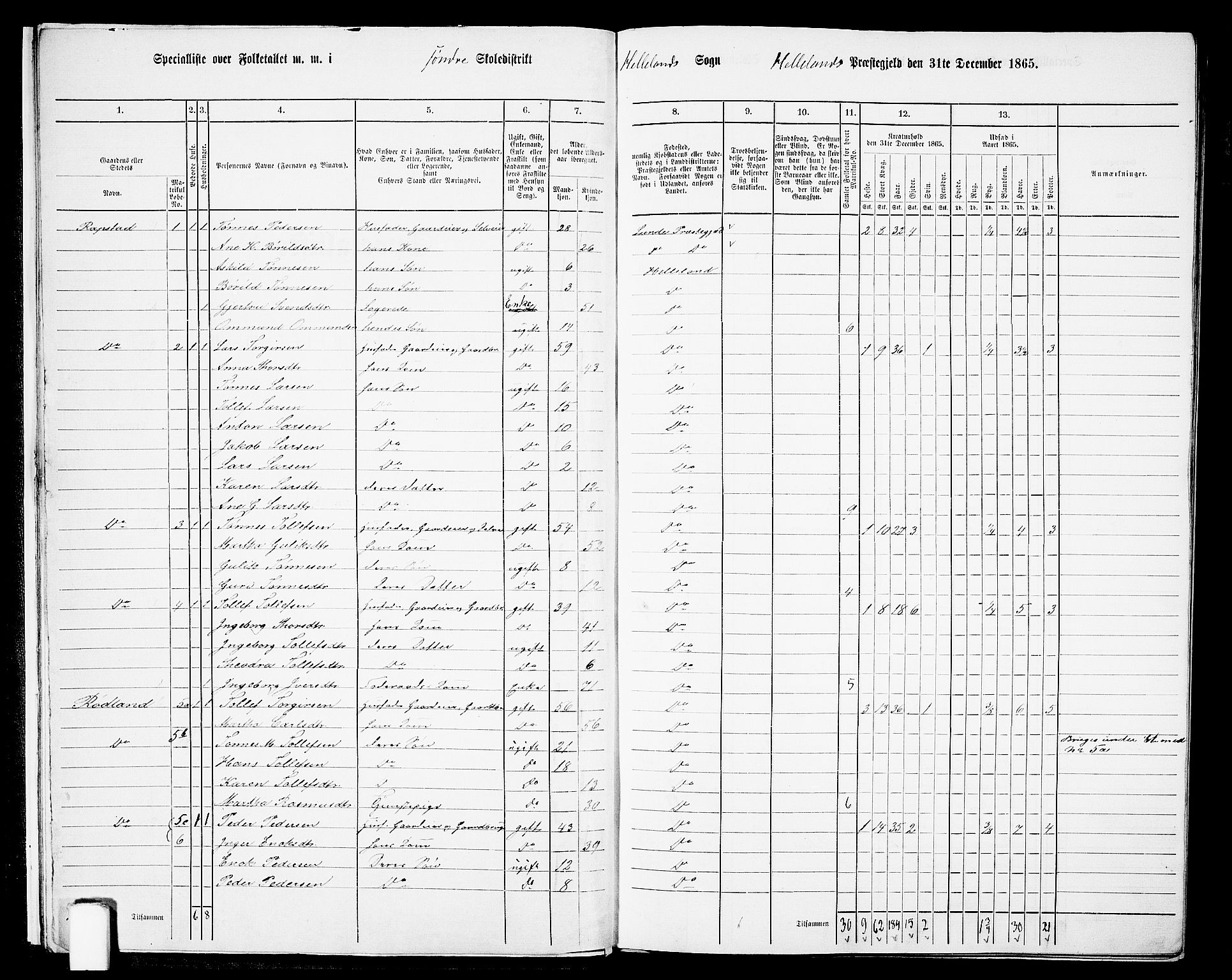 RA, Folketelling 1865 for 1115P Helleland prestegjeld, 1865, s. 13