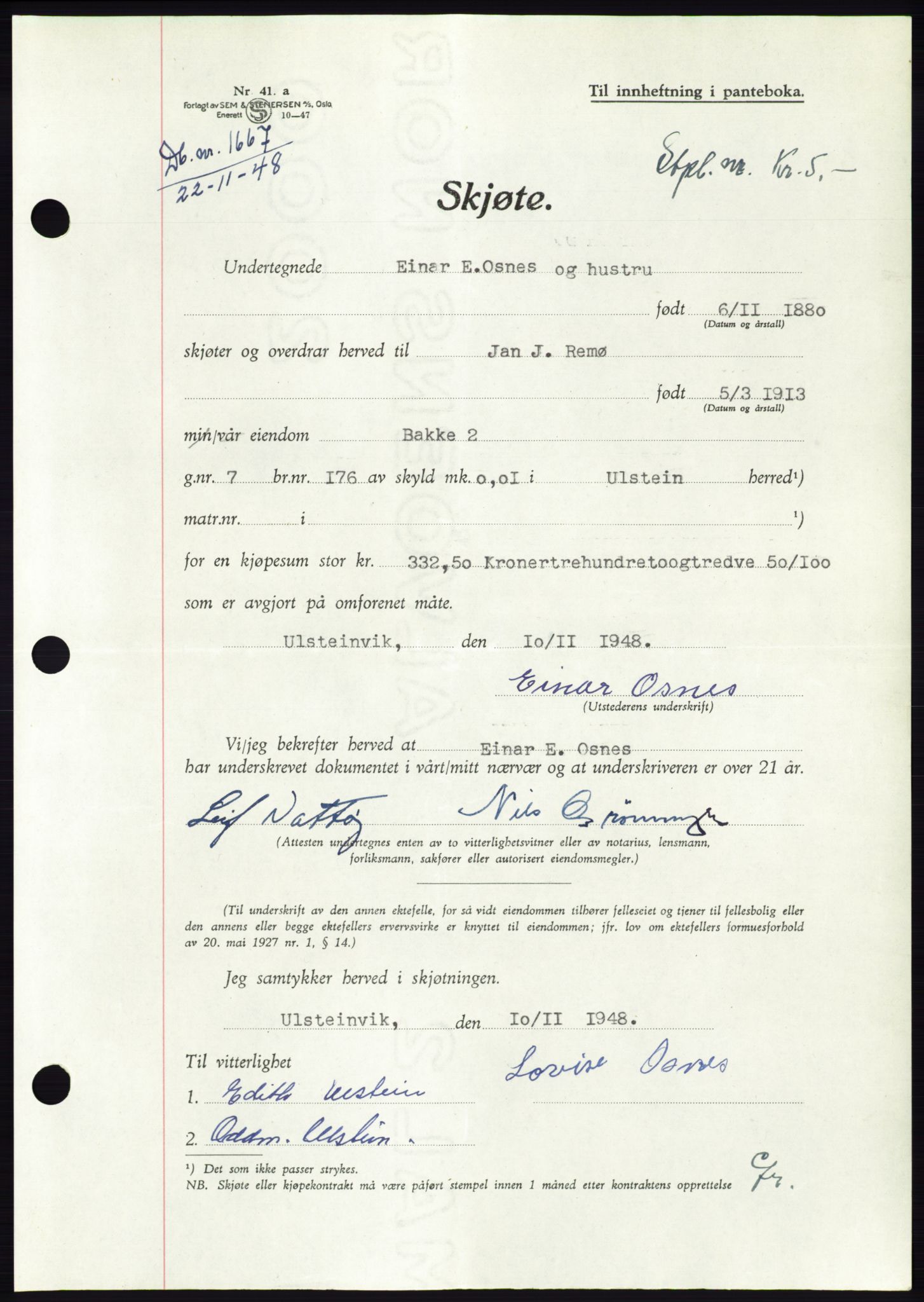 Søre Sunnmøre sorenskriveri, AV/SAT-A-4122/1/2/2C/L0083: Pantebok nr. 9A, 1948-1949, Dagboknr: 1667/1948