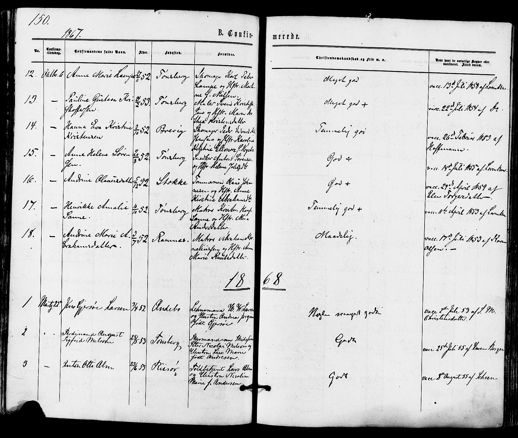 Tønsberg kirkebøker, AV/SAKO-A-330/F/Fa/L0009: Ministerialbok nr. I 9, 1865-1873, s. 150