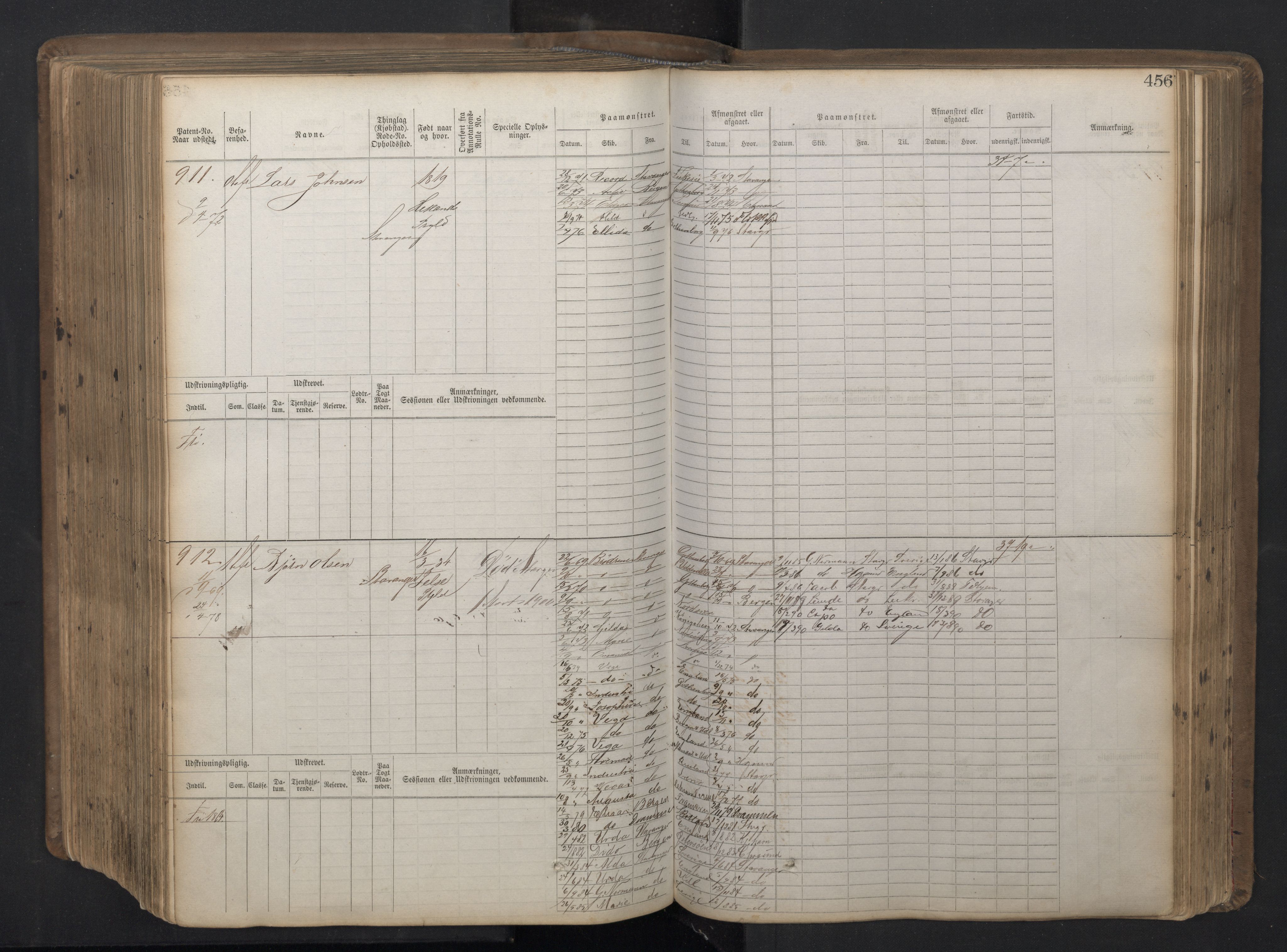 Stavanger sjømannskontor, SAST/A-102006/F/Fb/Fbb/L0016: Sjøfartshovedrulle patnentnr. 1-1202 (dublett), 1869, s. 456