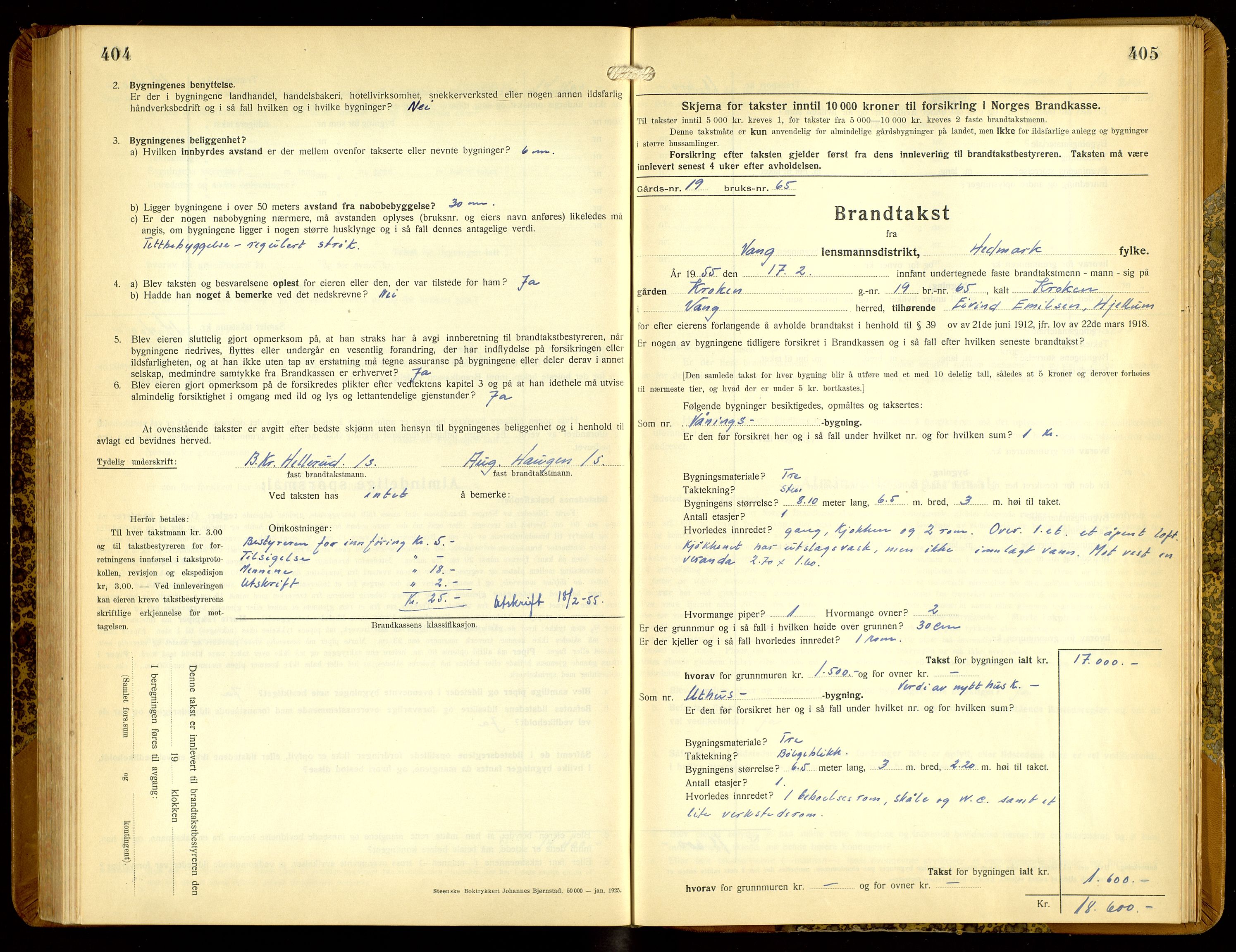 Norges Brannkasse, Vang, Hedmark, SAH/NBRANV-005/F/L0010: Branntakstprotokoll, 1934-1955, s. 404-405