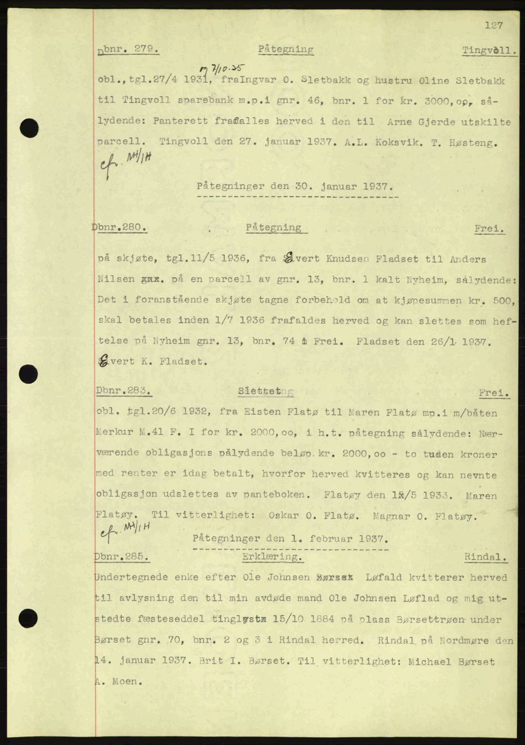 Nordmøre sorenskriveri, SAT/A-4132/1/2/2Ca: Pantebok nr. C80, 1936-1939, Dagboknr: 279/1937