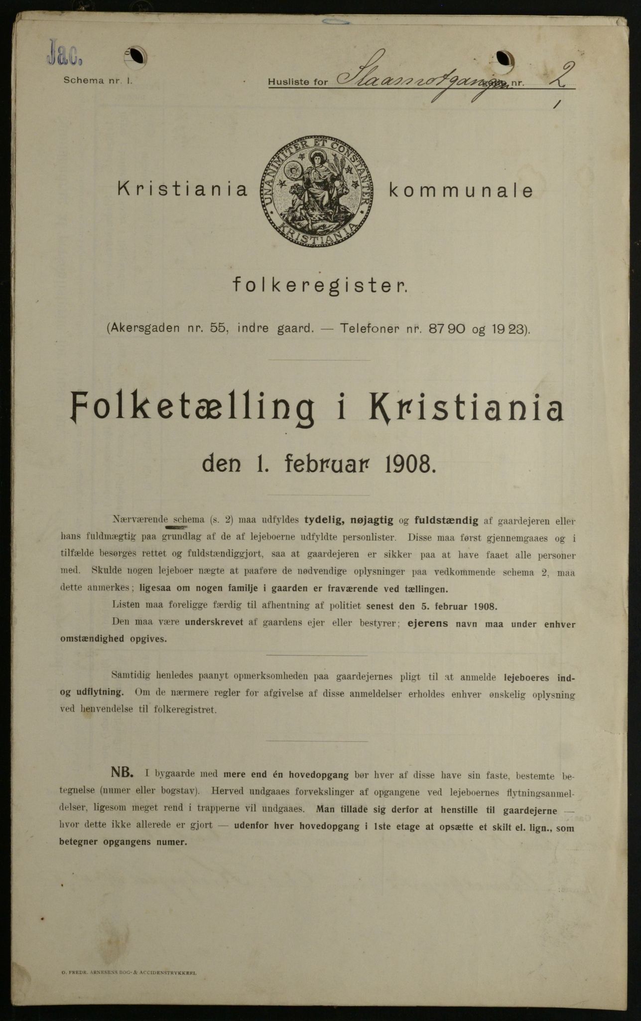 OBA, Kommunal folketelling 1.2.1908 for Kristiania kjøpstad, 1908, s. 87258