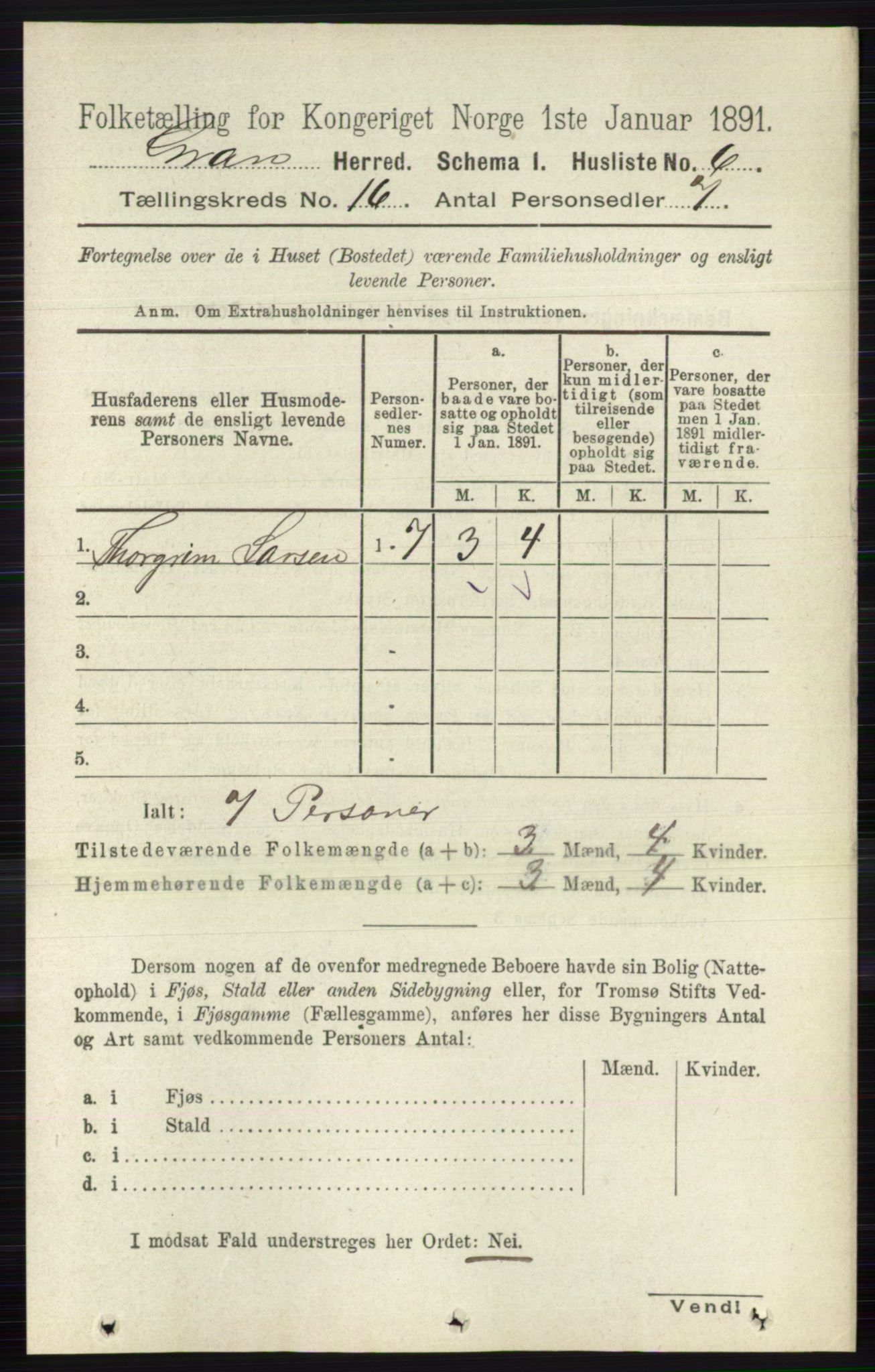 RA, Folketelling 1891 for 0534 Gran herred, 1891, s. 8016